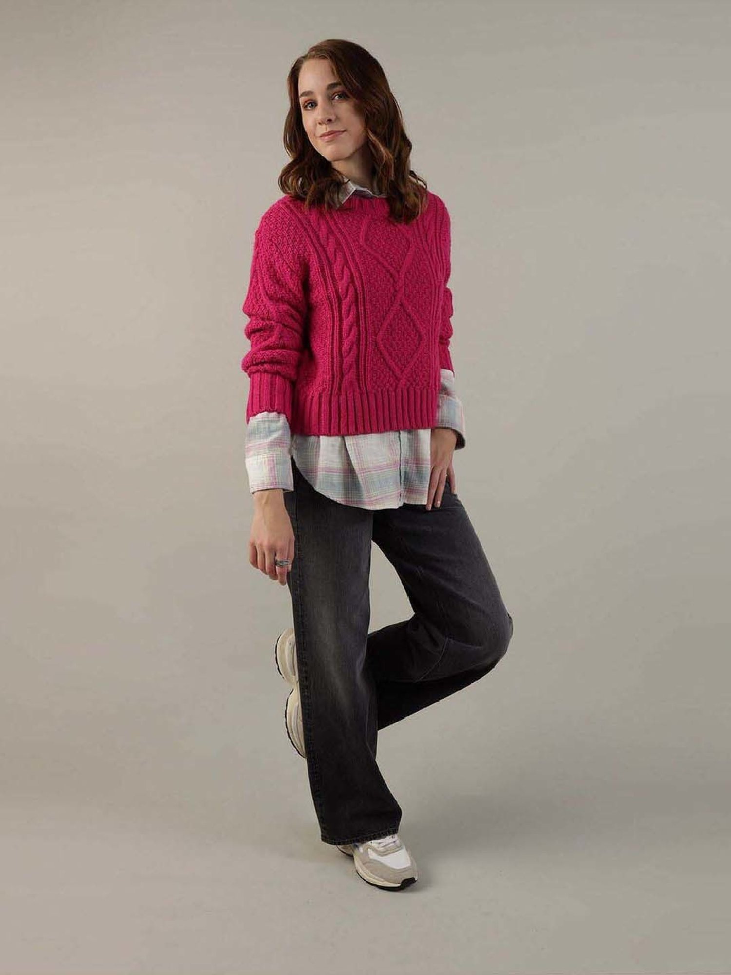 American Eagle Outfitters Pink Crochet Pattern Sweater
