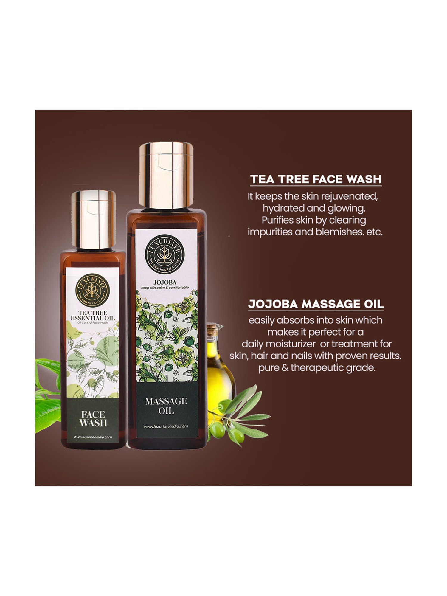 Luxuriate Jojoba Massage Oil and Herbal Tea Tree Face Wash Combo