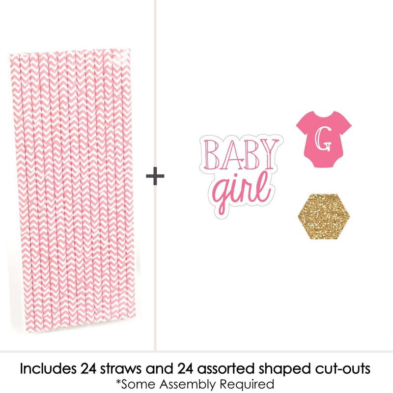 Big Dot of Happiness Baby Girl Paper Straw Decor - Baby Shower Striped Decorative Straws - Set of 24
