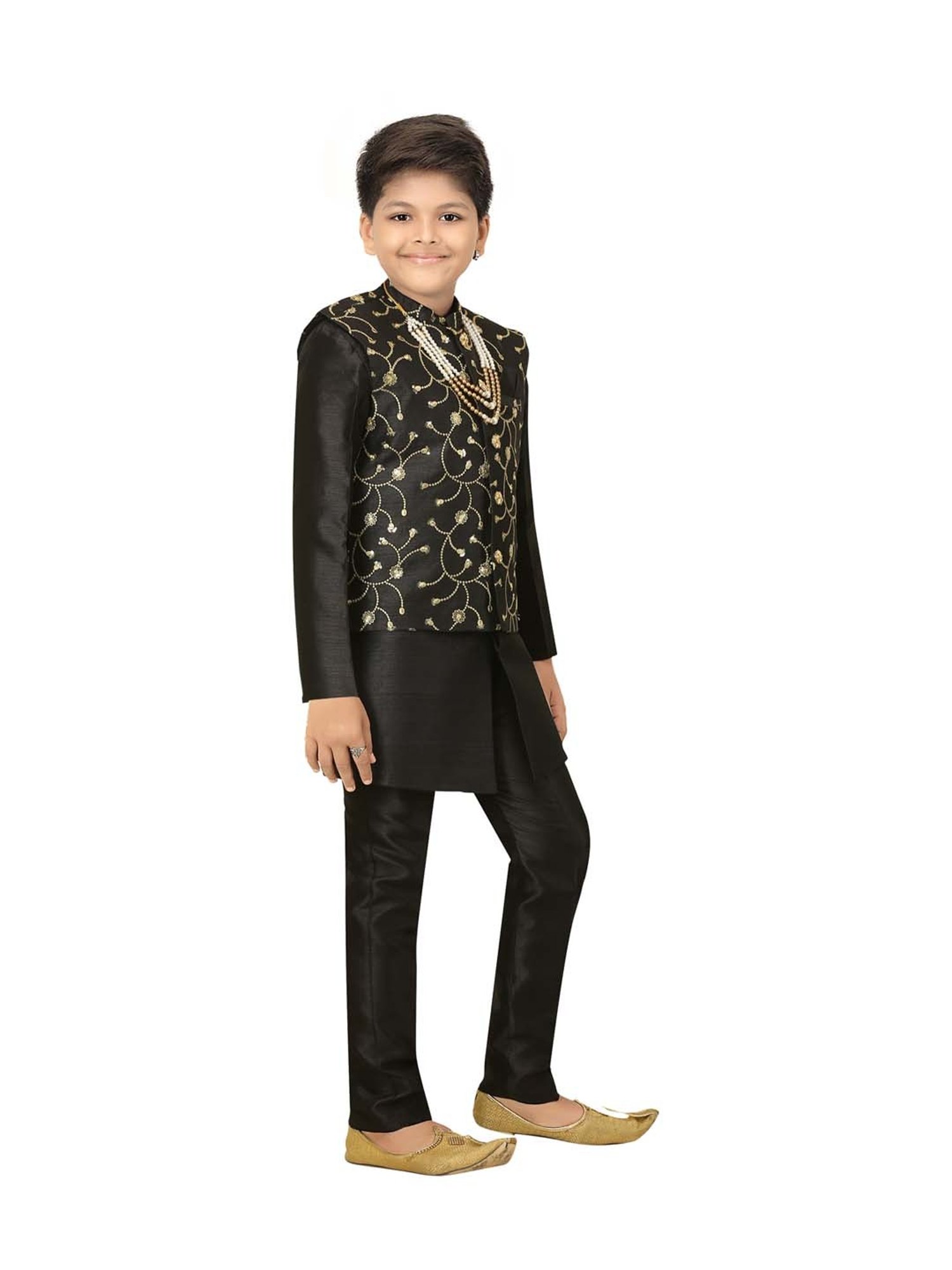 Ahhaaaa Kids Black Cotton Embroidered Full Sleeves Kurta Set