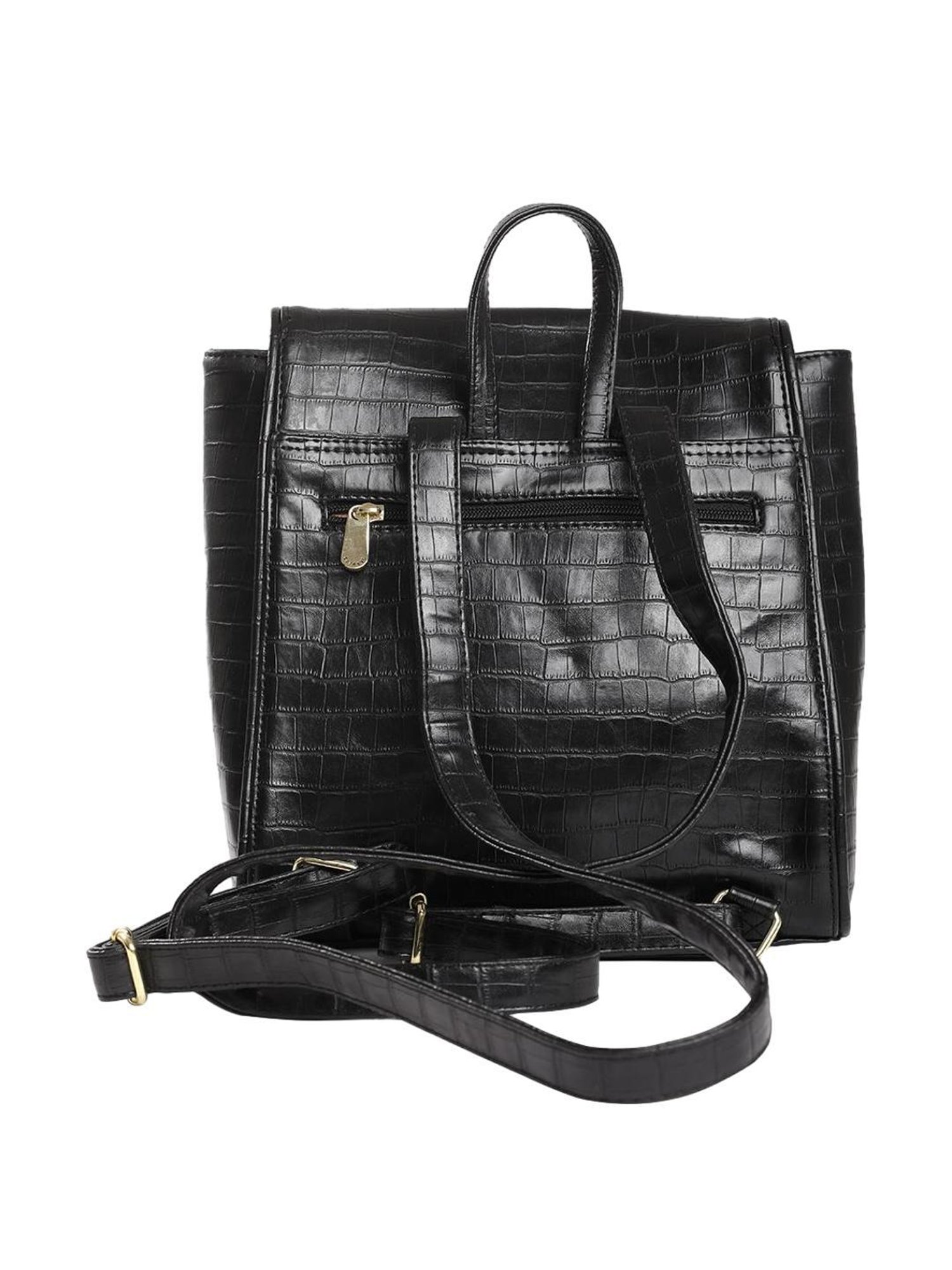 Caprese Treza Black Faux Leather Textured Backpack