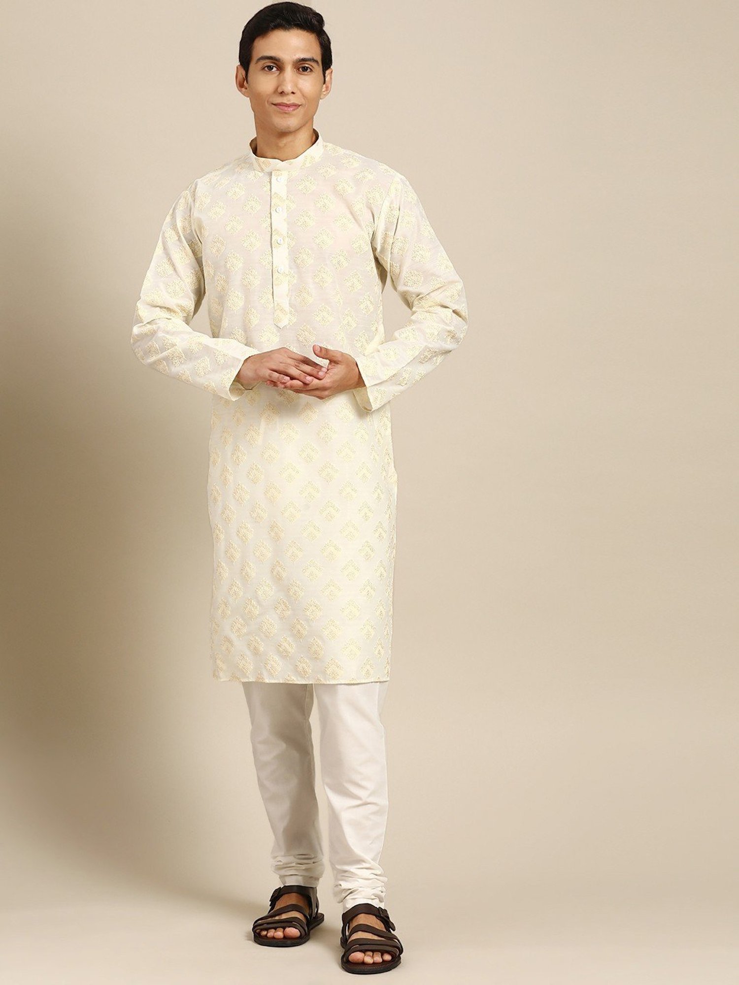 ManQ Cream Regular Fit Printed Kurta Bottom Set