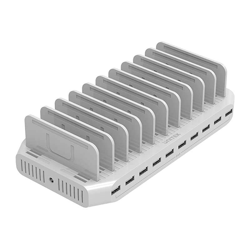 Multi Charging Station 10Port USB Charger for Multiple Device with SmartIC Tech and Adjustable Dividers Organizer Stand Compatible with iPad Tablet Kindle iPhone