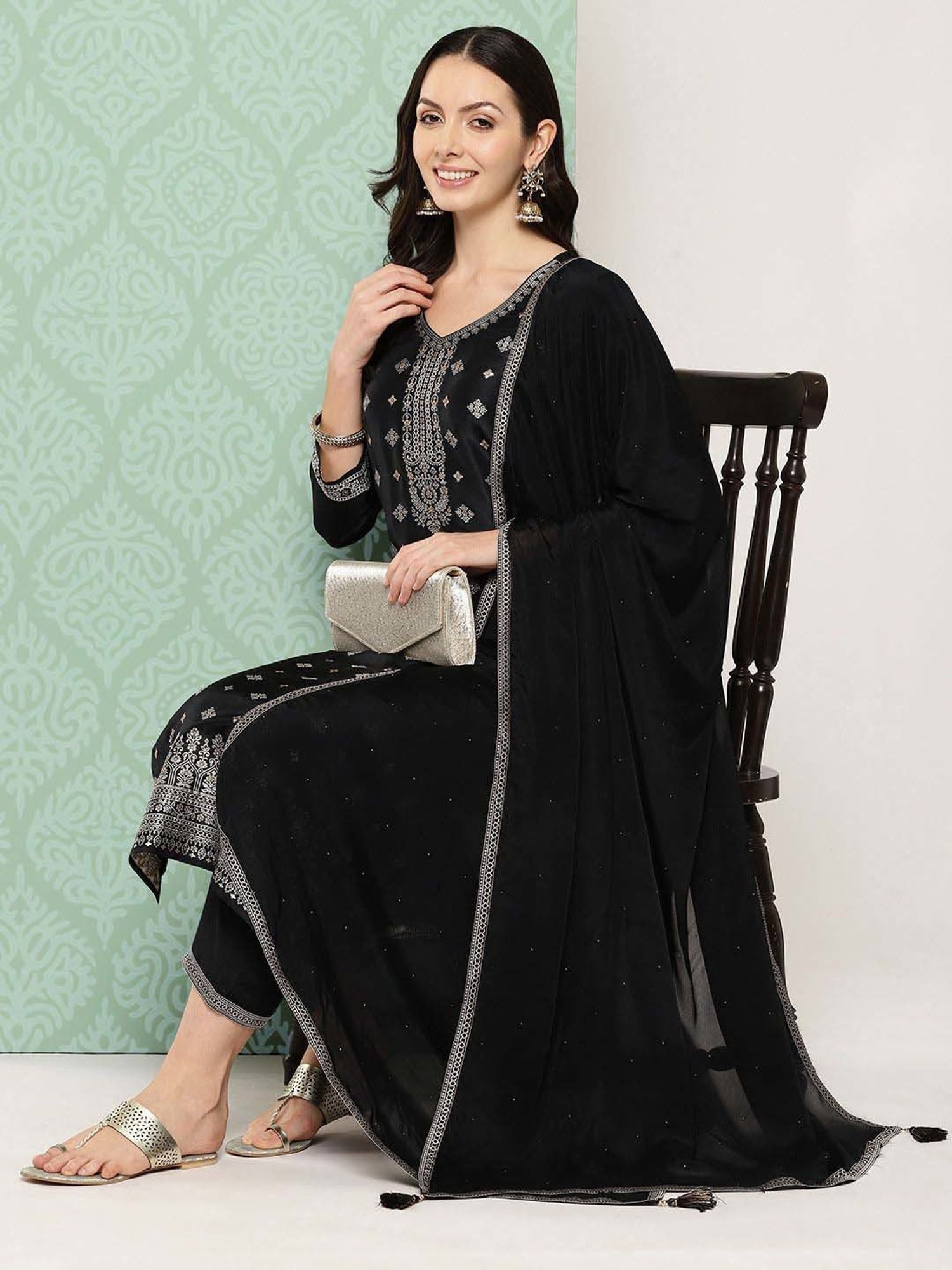 Libas Black Embroidered Kurta Pant Set With Dupatta
