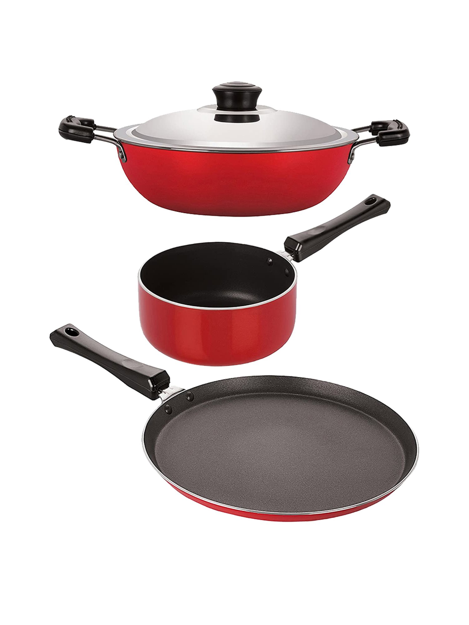 Nirlon Non-Stick Red Aluminium Tawa Kadhai & Sauce Pan Combo Cooking Set of 3 Piece - (2.6mm)