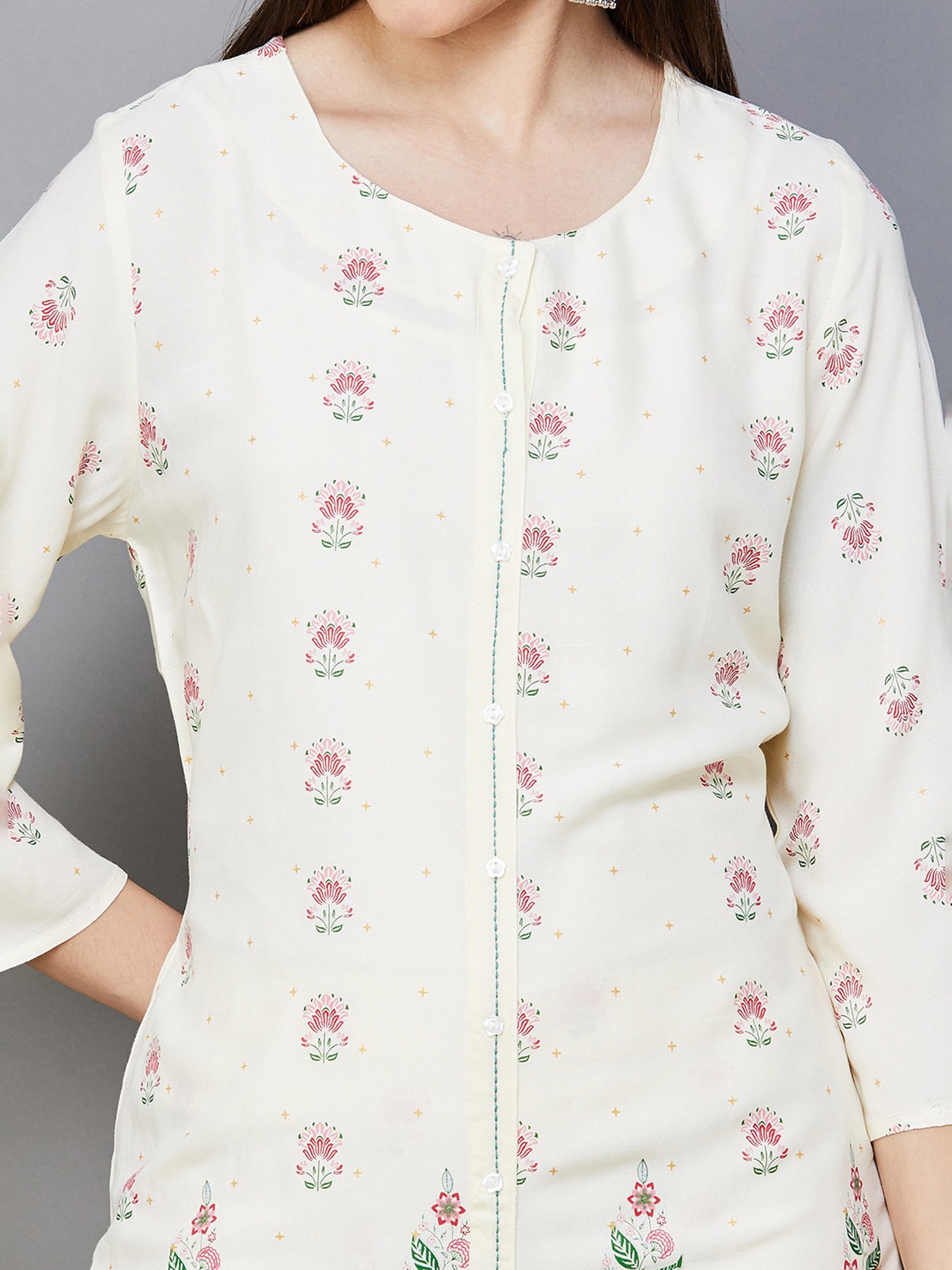 Melange by Lifestyle Off White & Pink Floral Print Kurta With Trousers