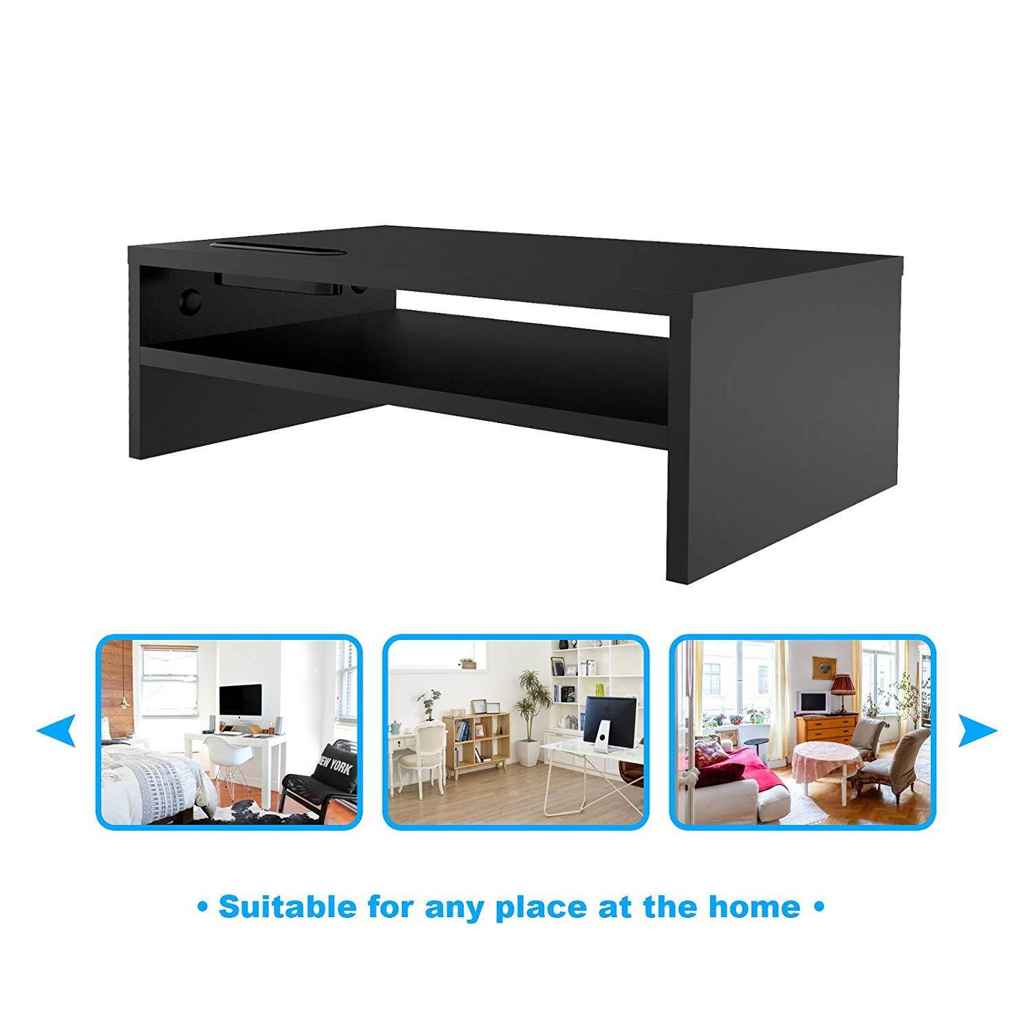 1homefurnit Universal Wood Monitor Stands Speaker TV PC Laptop Computer Screen Riser Desk Organizer 16.7 inch with Shelf Black