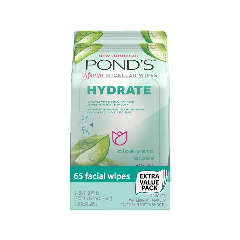 Pond's Vitamin Micellar Hydrate Facial Wipes - Vit B3 - Aloe Vera - 65ct