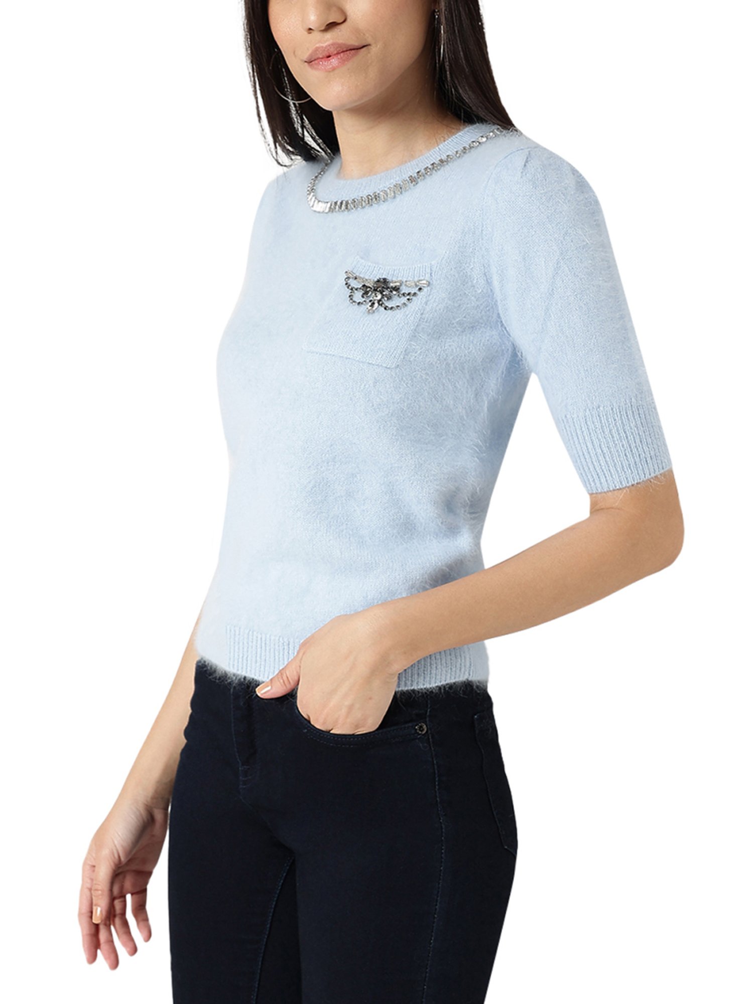 Liu Jo Light Blue Embellished Regular Fit Sweater