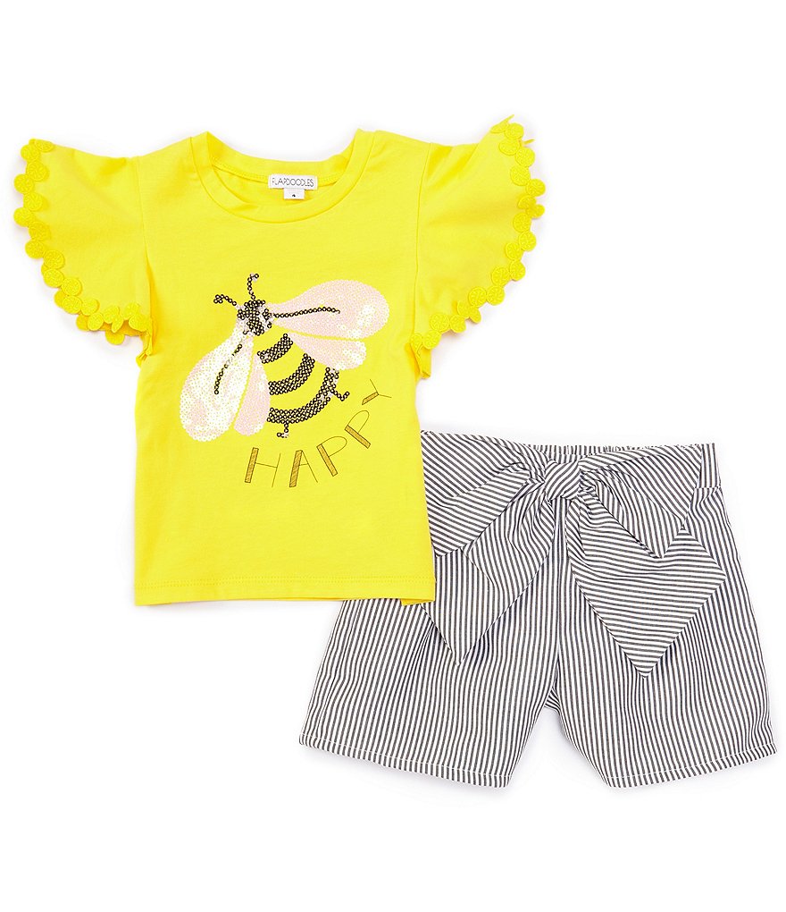 Flapdoodles Little Girls 2T-6X Flutter-Sleeve Bee Tee & Bow-Accented Striped Shorts Set