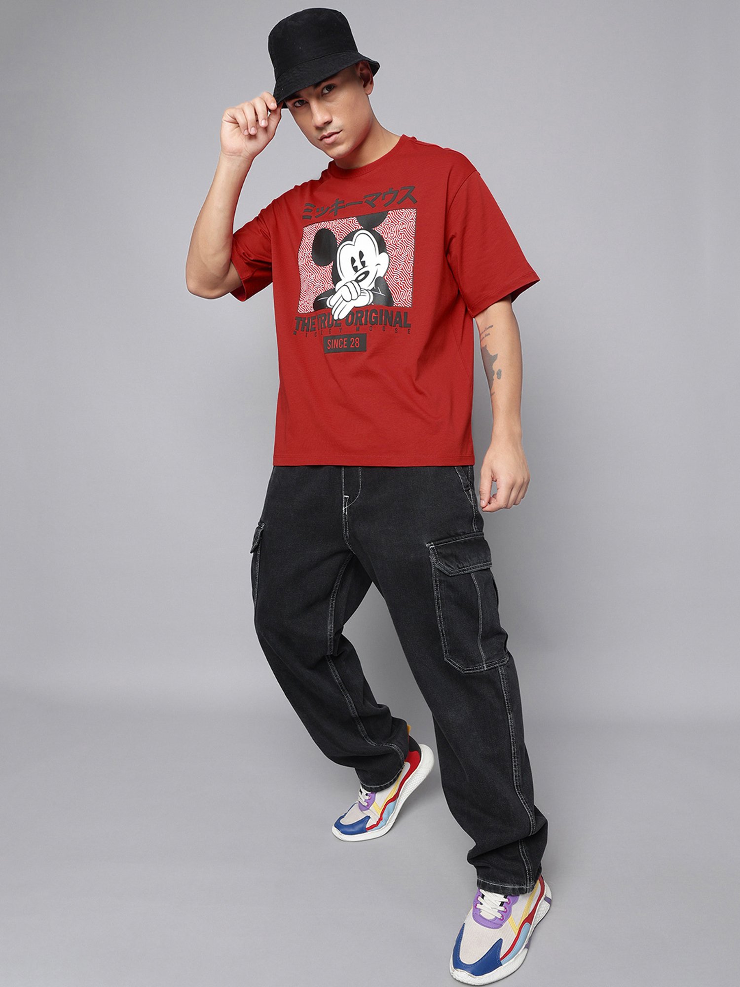 Free Authority Red Cotton Oversized Printed T-Shirt
