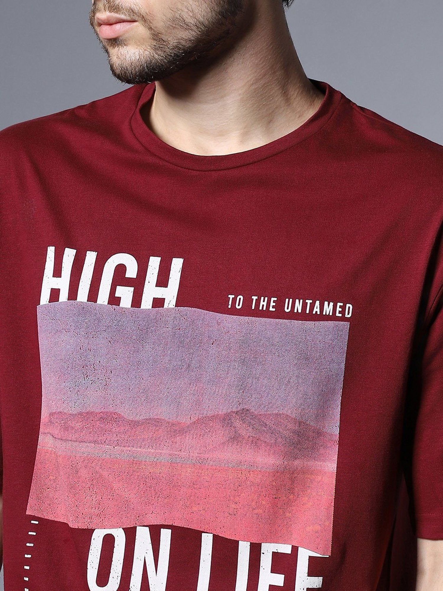 High Star Maroon Relaxed Fit Graphic Print T-Shirt