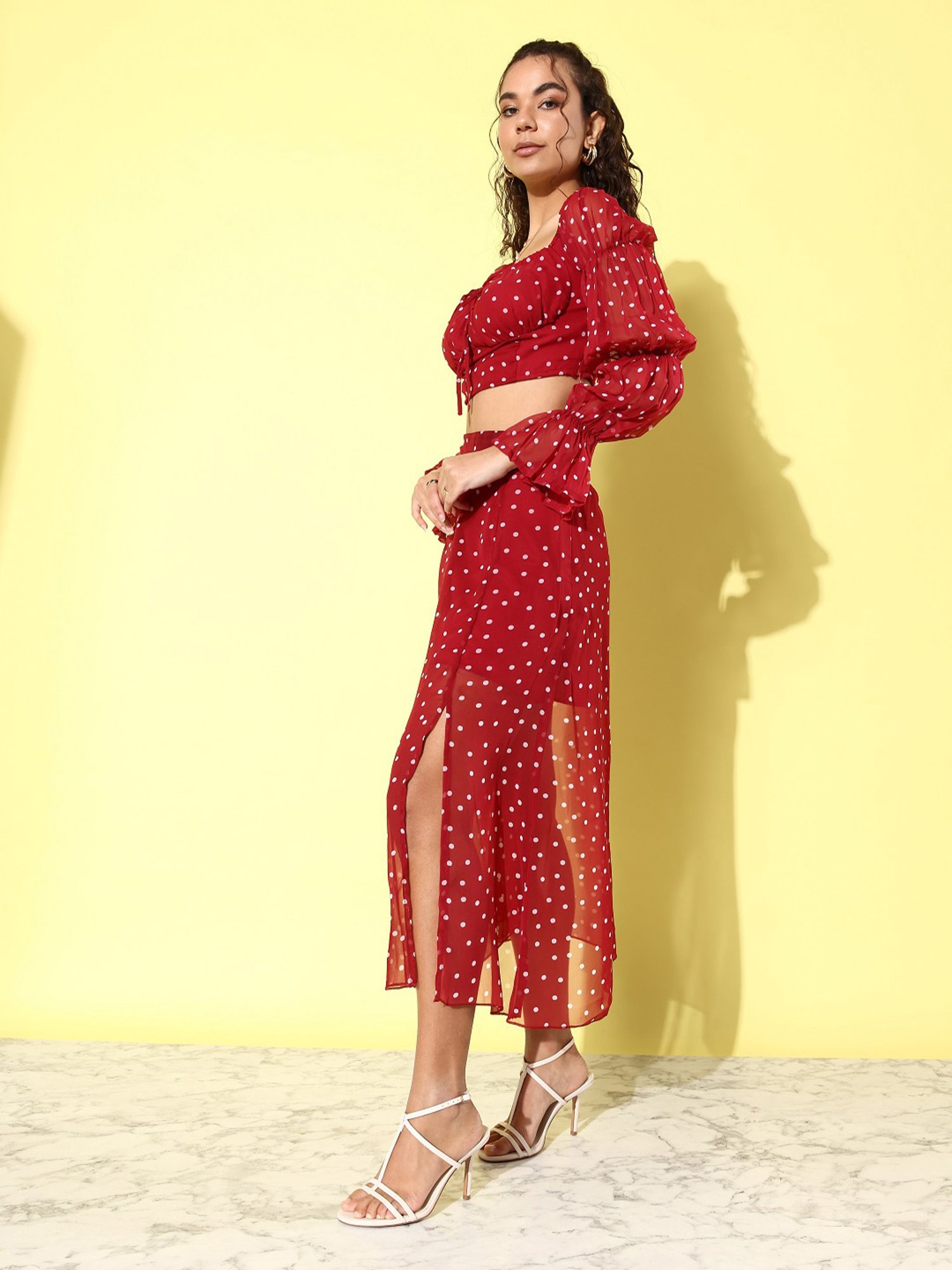 Anvi Be Yourself Red Polka Dots Crop Top Skirt Set