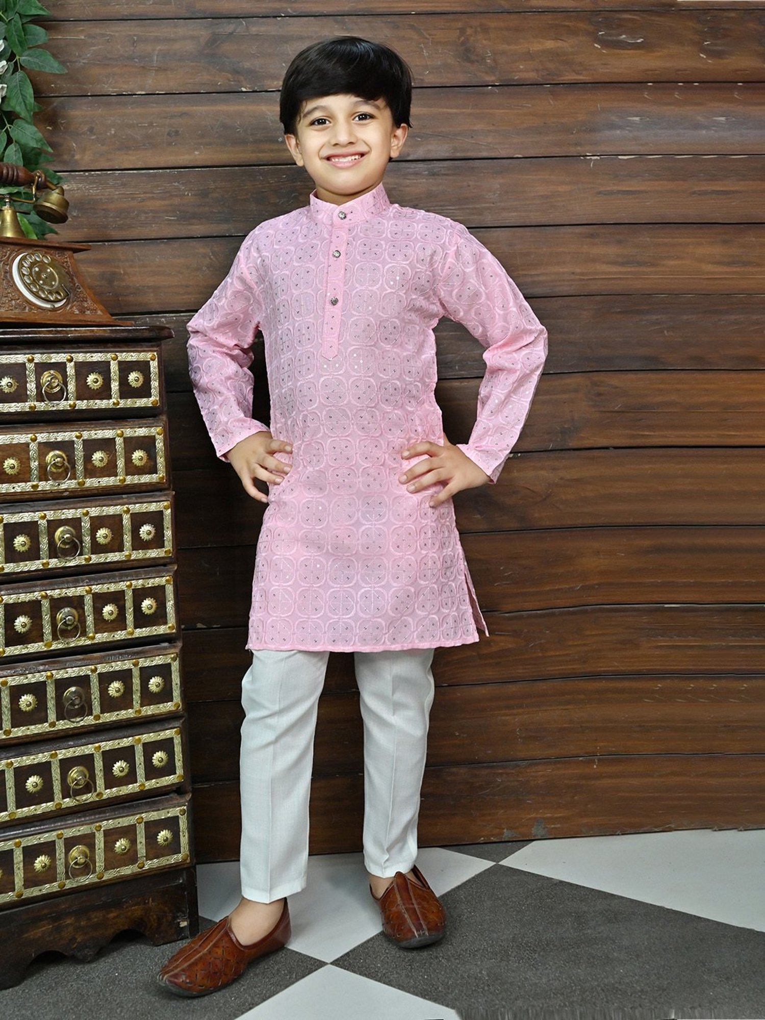 Ahhaaaa Kids Light Pink & White Embellished Full Sleeves Kurta With Pyjamas