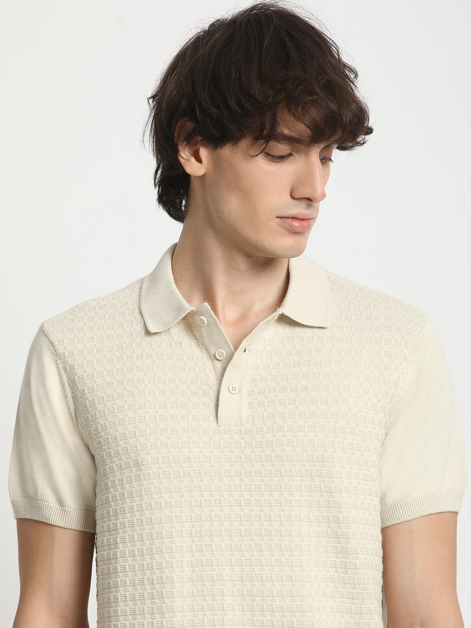 The Bear House Cream Cotton Regular Fit Self Pattern Polo T-Shirt