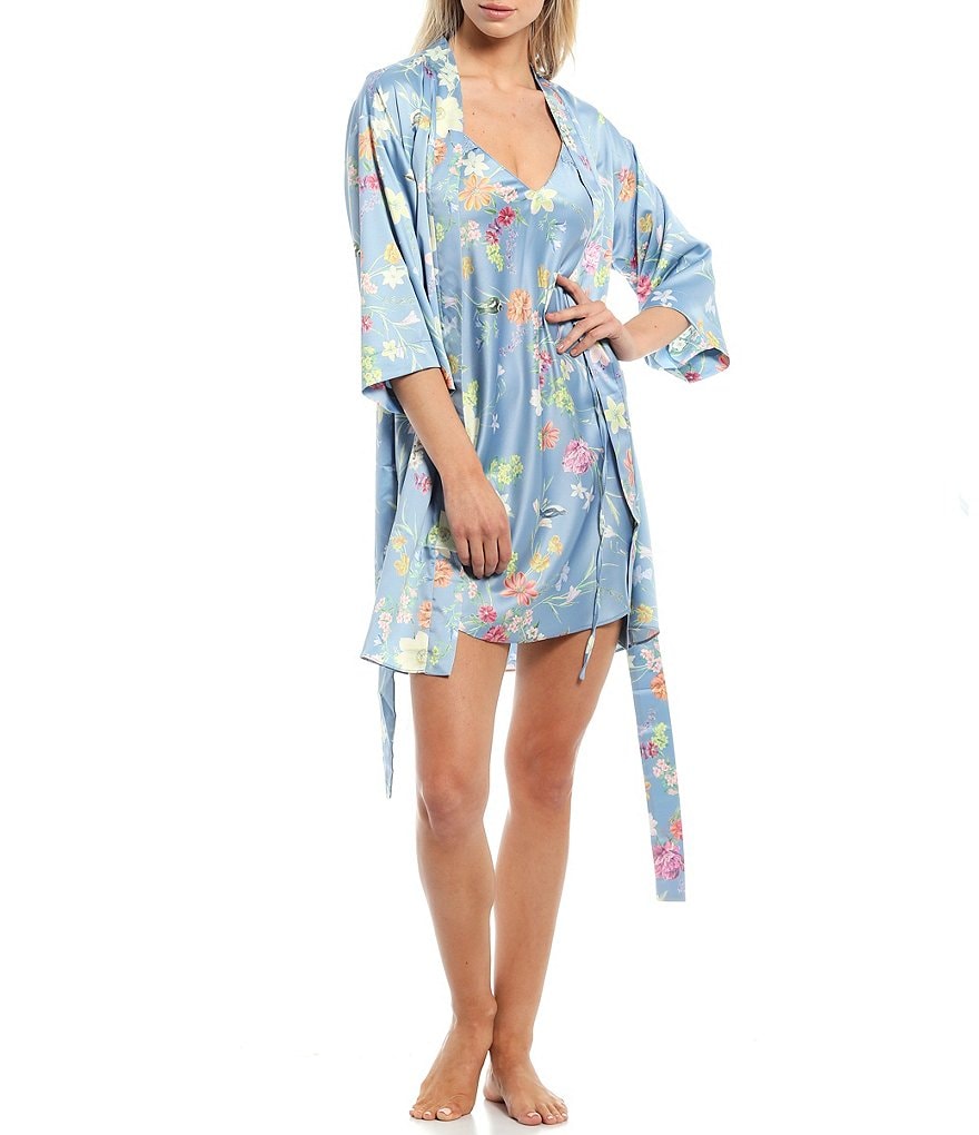Flora Nikrooz Floral Printed Charmeuse Short Wrap Robe
