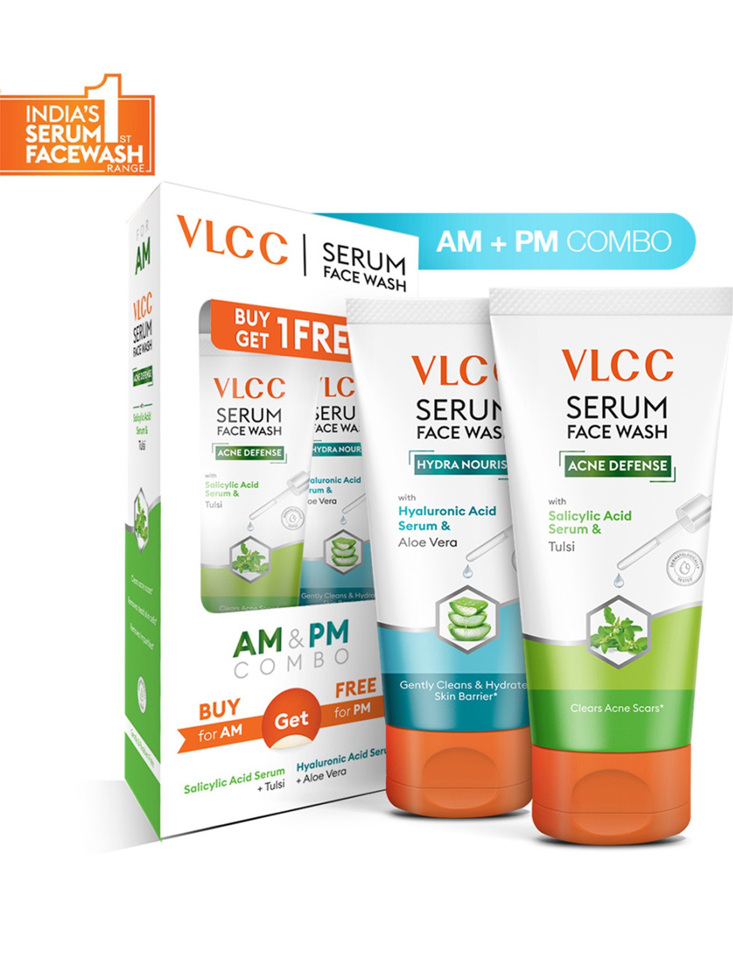 VLCC Acne Defence Tulsi for AM & Hydra Nourish Aloe Vera for PM Face Wash Combo
