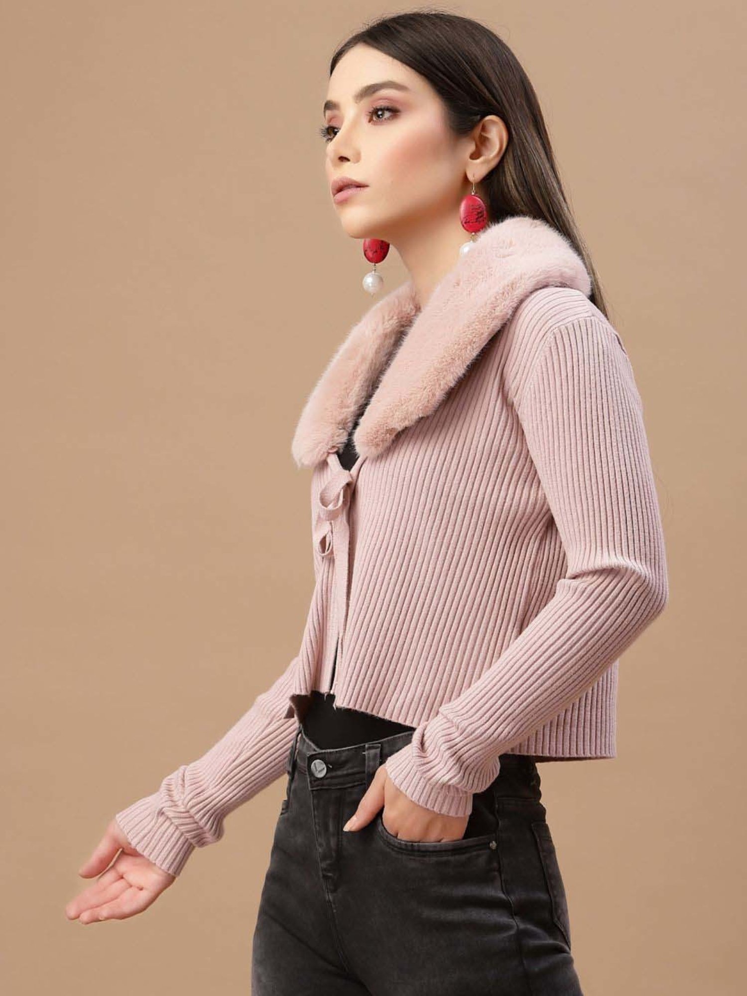 Mafadeny Peach Plain Cropped Cardigan