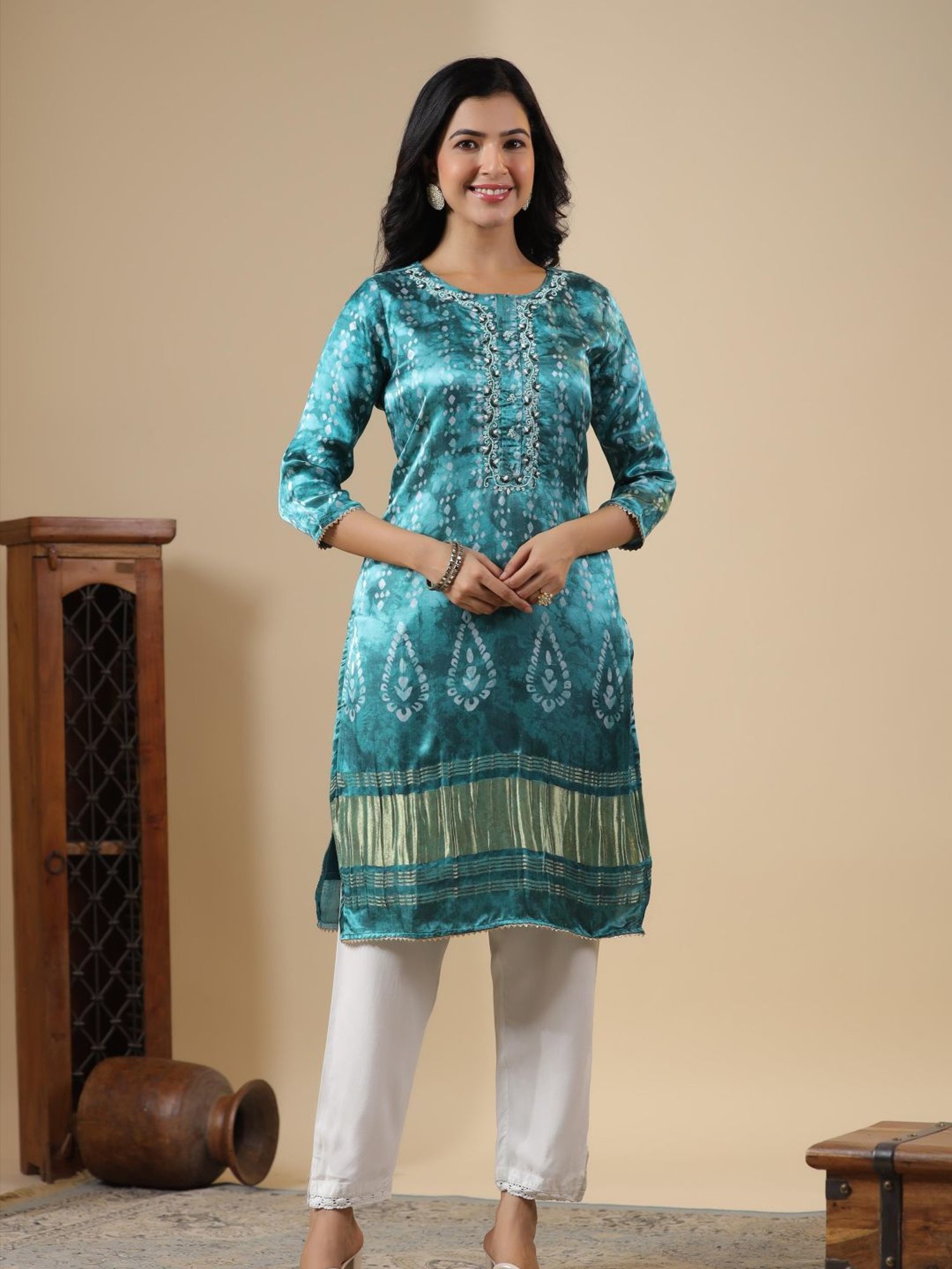 SCAKHI Teal Gaji Silk Printed Kurta