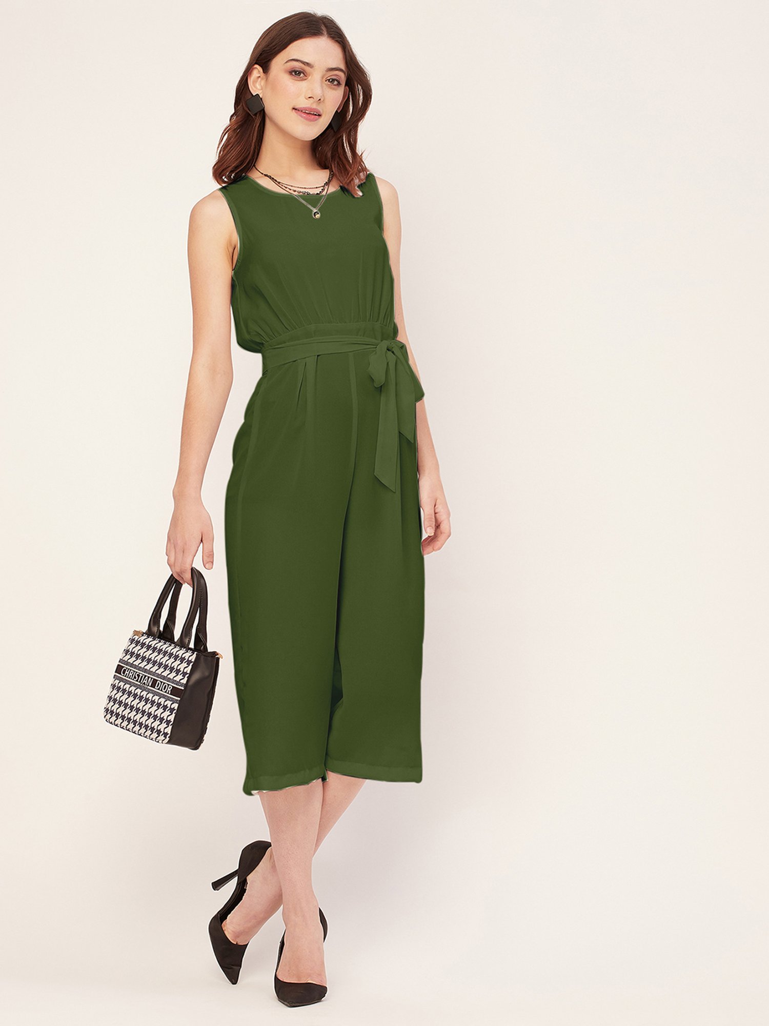 Moomaya Olive Georgette Midi Jumpsuit