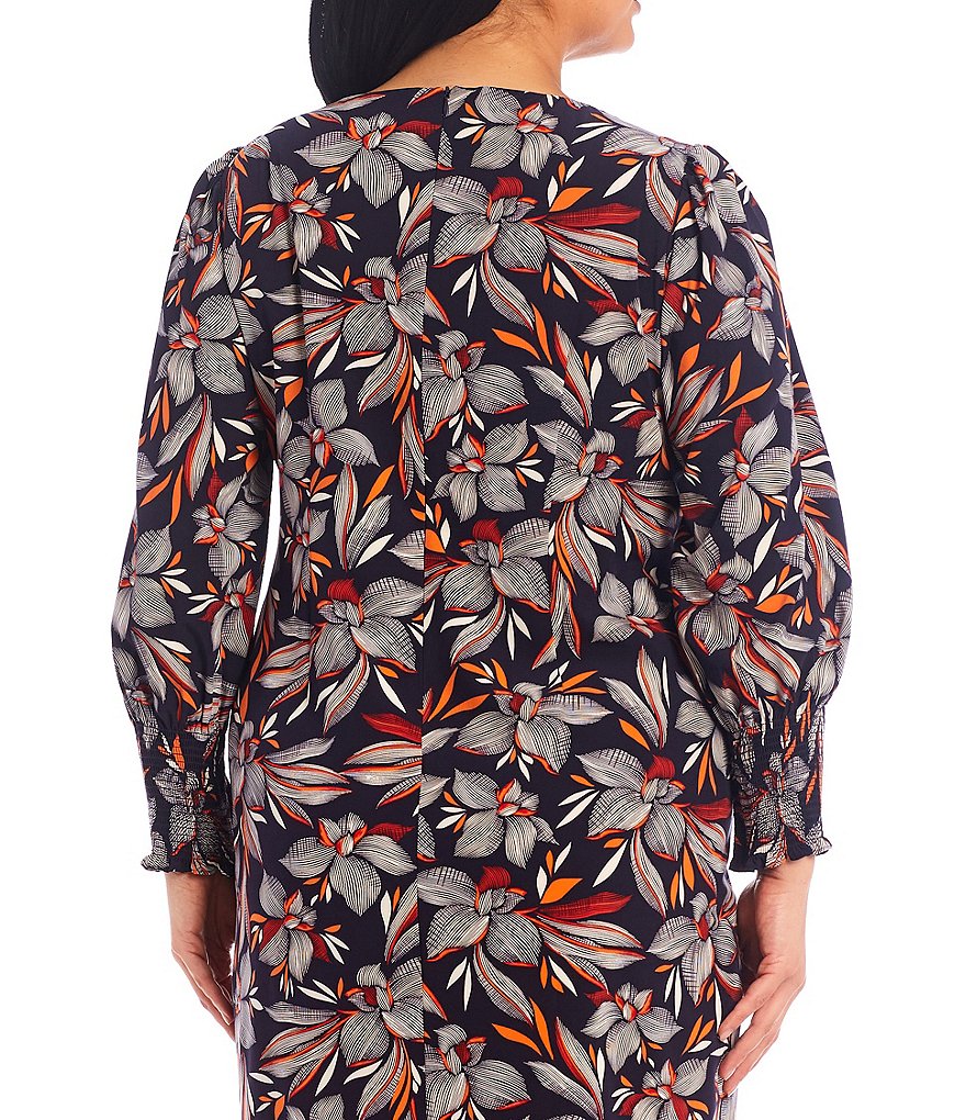 London Times Plus Size Round Neck Long Sleeve Feather Floral Smocked Shift Dress