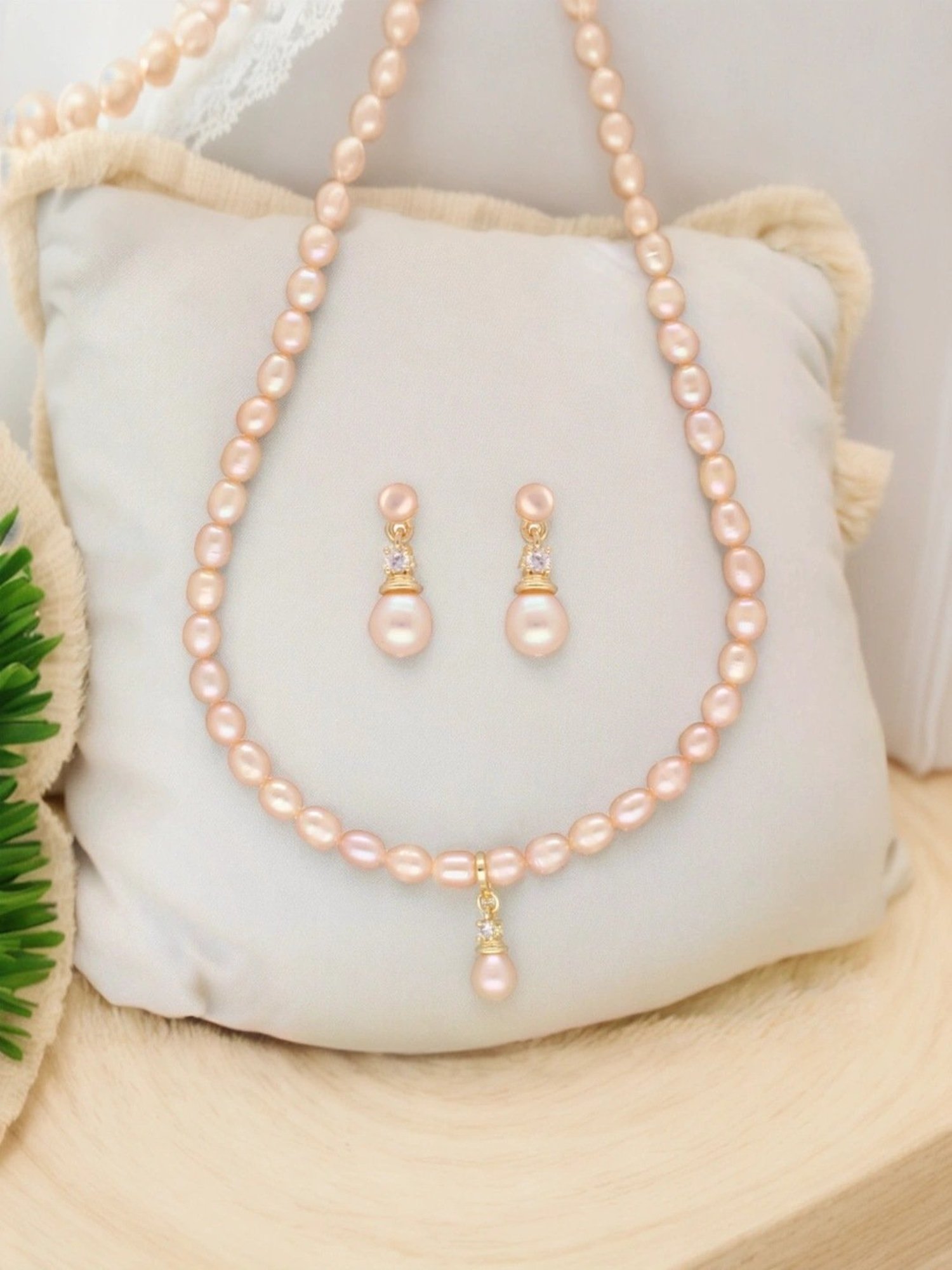 Sri Jagdamba Pearls Forever in Style Peach & Golden Necklace and Earring Set