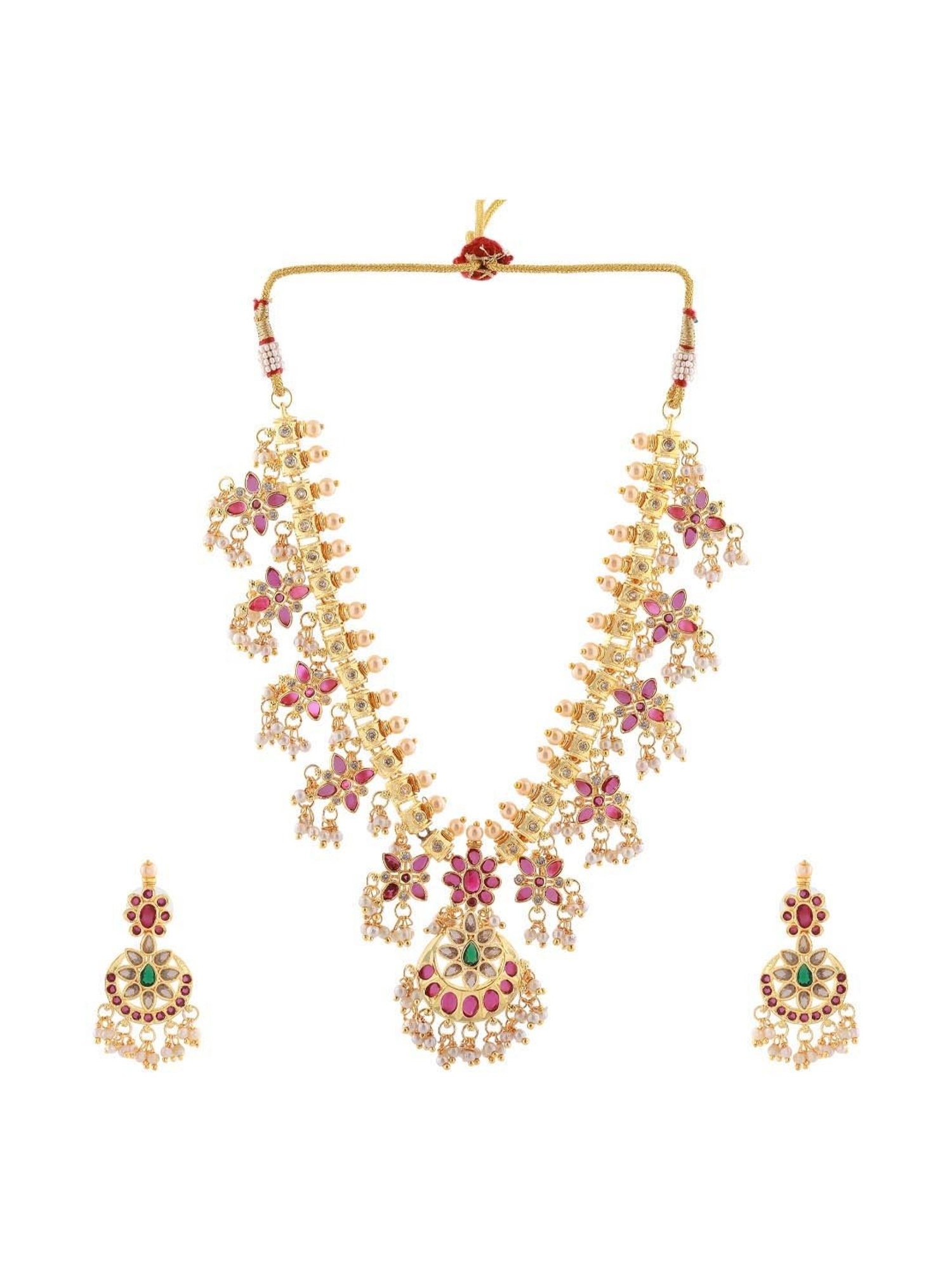 Estele Gold-Plated CZ Traditional Machilipatnam Bridal Necklace Set with Pearls for Women