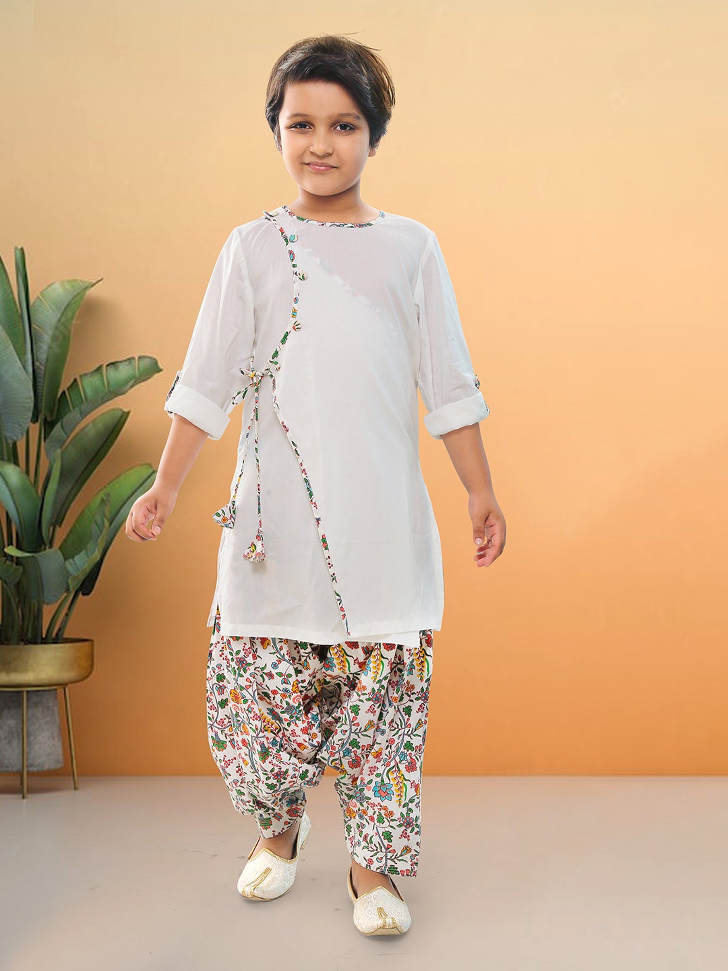 Nino Bambino Kids White Printed Full Sleeves Angrakha Kurta with Salwar
