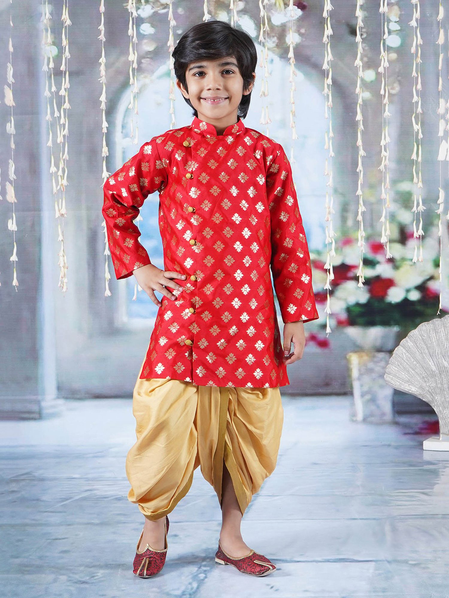 Little Bansi Kids Red & Gold Self Design Full Sleeves Sherwani with Dhoti