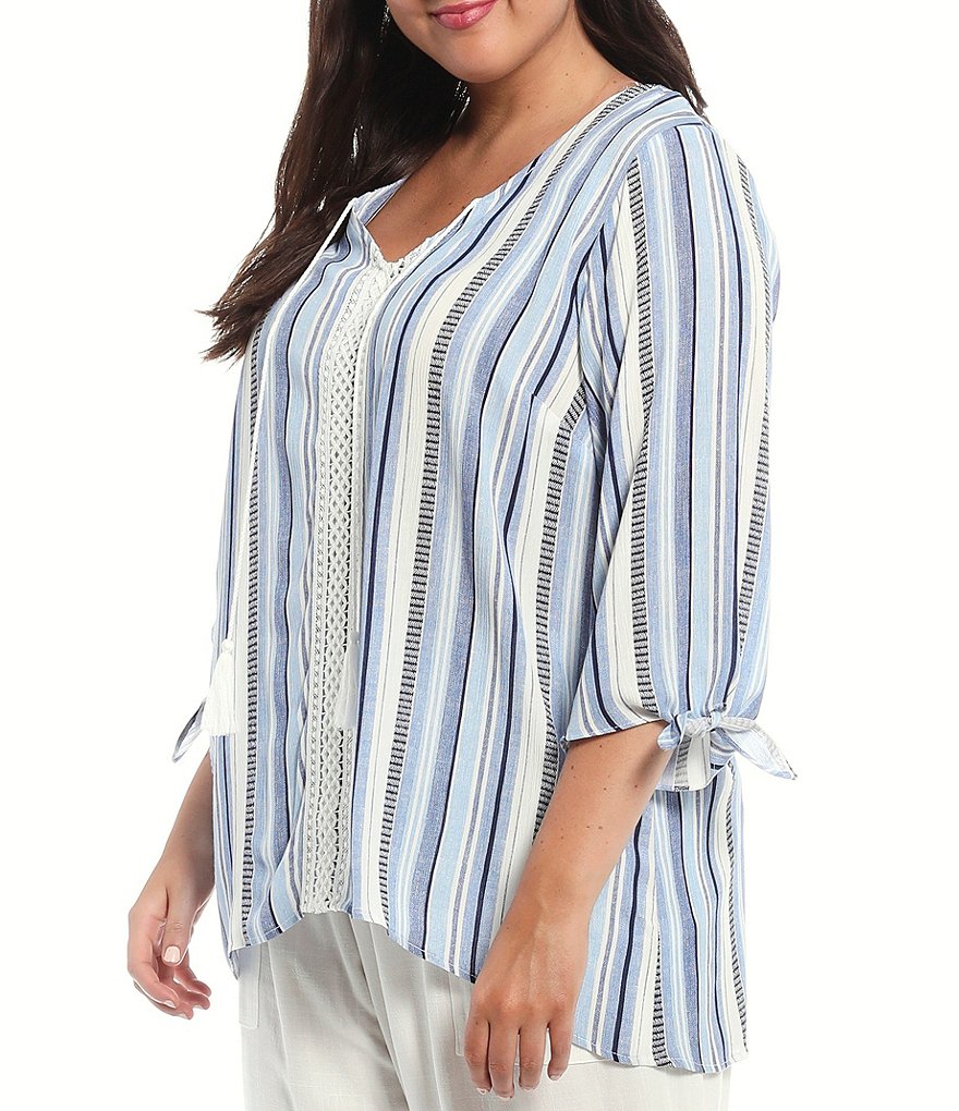 I.N. Studio Plus Size Textured Stripe Crepon Tassel Tie V-Neck Details 3/4 Tie Sleeve Crochet Trim Detail Top