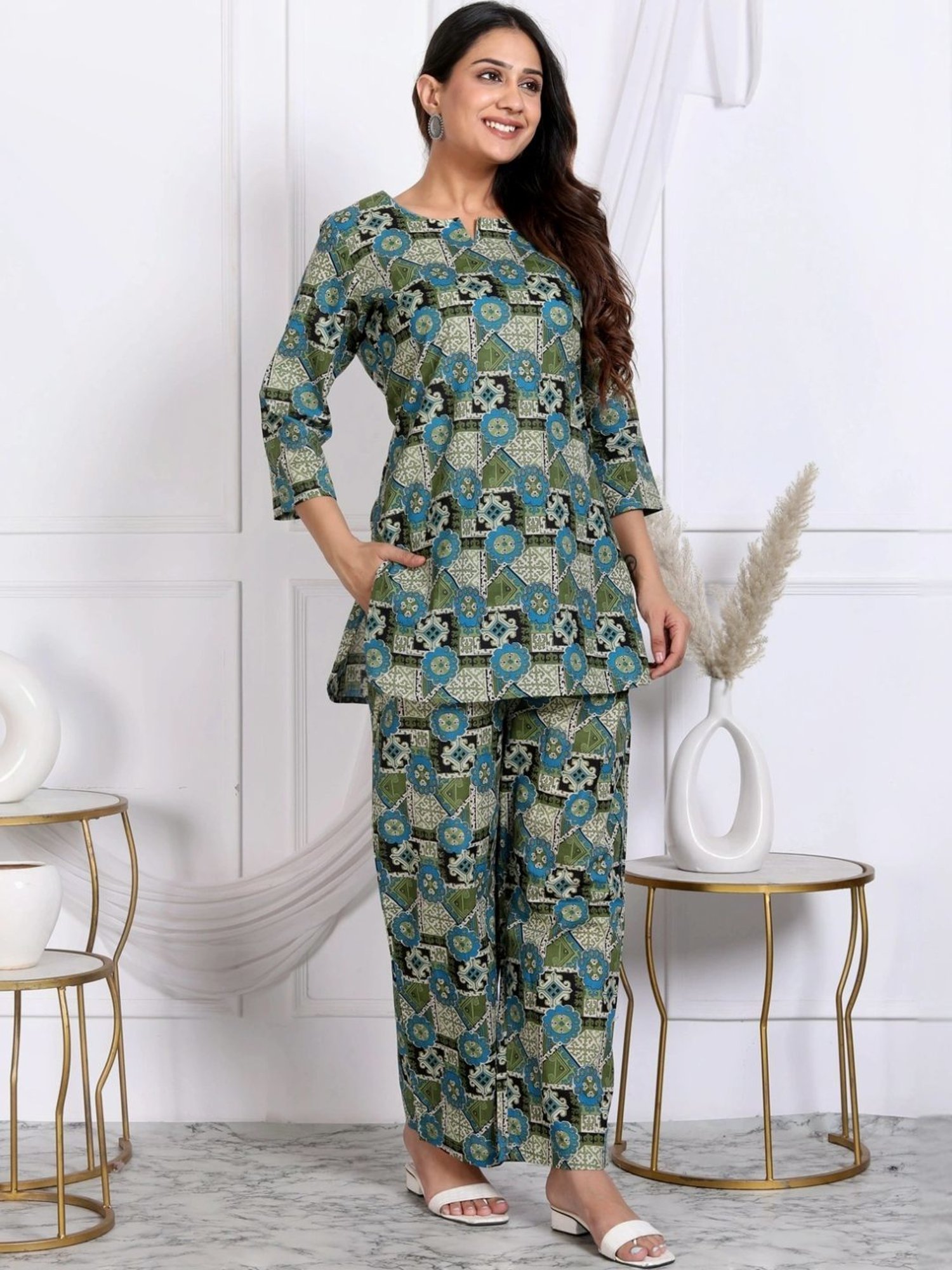 Kaftanize Green Geo Floral Printed Cotton Tunic with Pant
