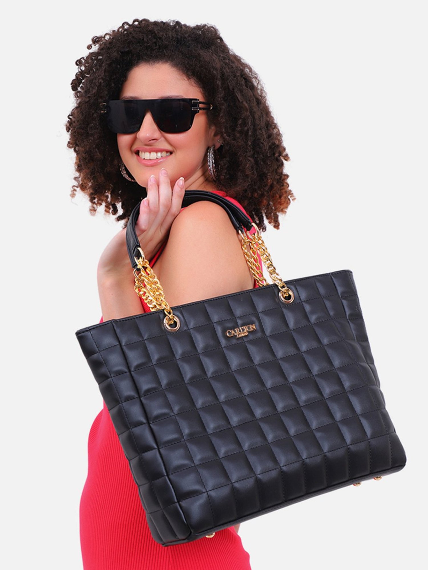 Carlton London Black Textured Medium Tote Handbag