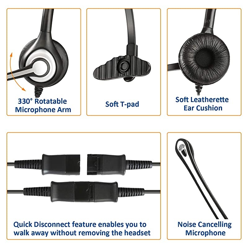 Corded Office Telephone Headset RJ9 with Noise Cancelling Mic and Quick Disconnect for Polycom VVX310 VVX311 VVX410 VVX411 Shoretel 230 480 Avaya 1408 1416 5410 Mitel 5220 5330e Phones600QS3