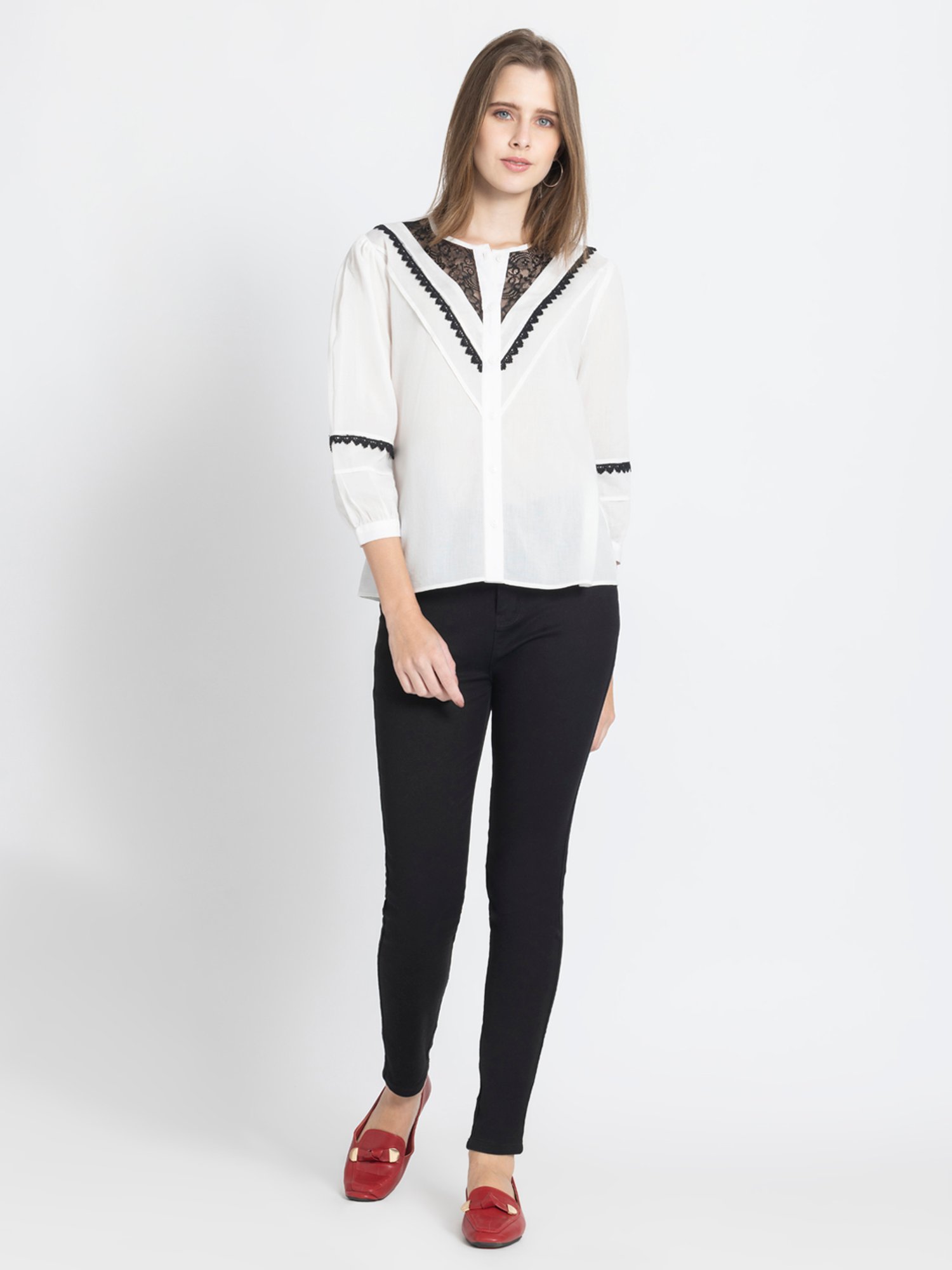 SHAYE White & Black Cotton Lace Top