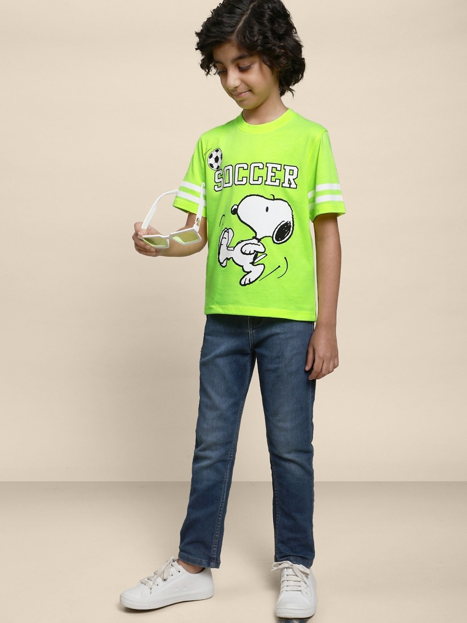 Boysville Green & White Cotton Printed T-Shirt