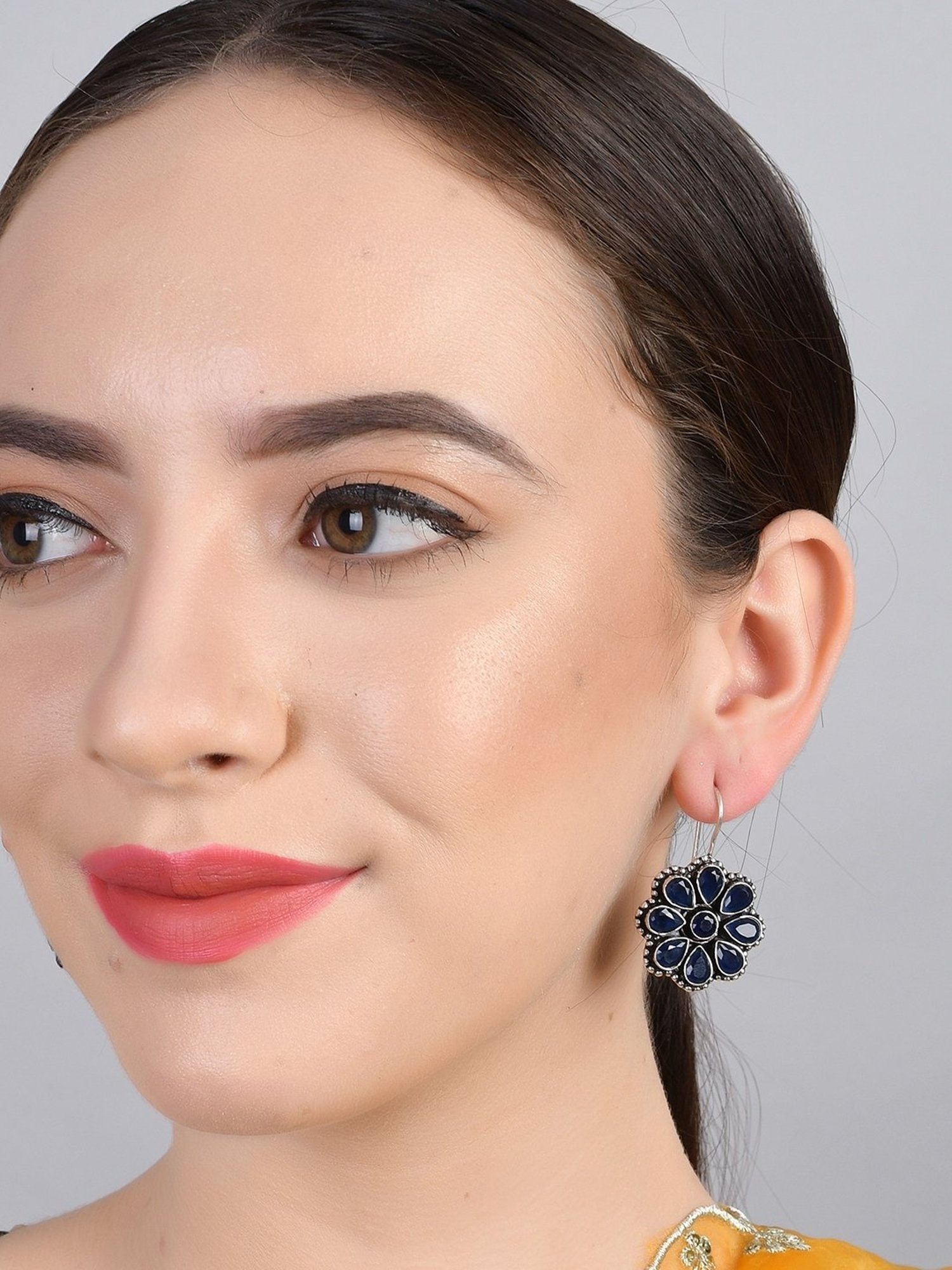 Imli Street Blue Silver Tone Stone-Studded Handcrafted Drop Earrings