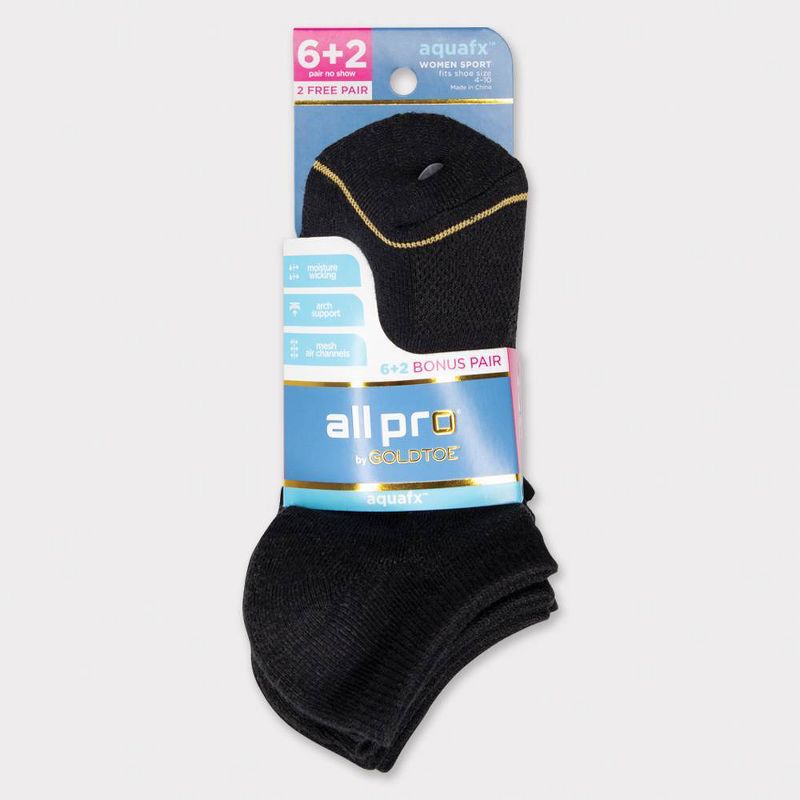 All Pro Women's Extended Size Aqua FX Cushioned 6+2 Bonus Pack No Show Athletic Socks - Black 8-12