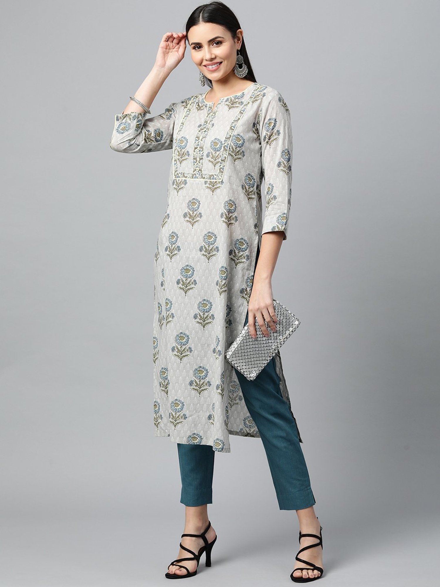 Kami Kubi Grey Floral Print Straight Kurta