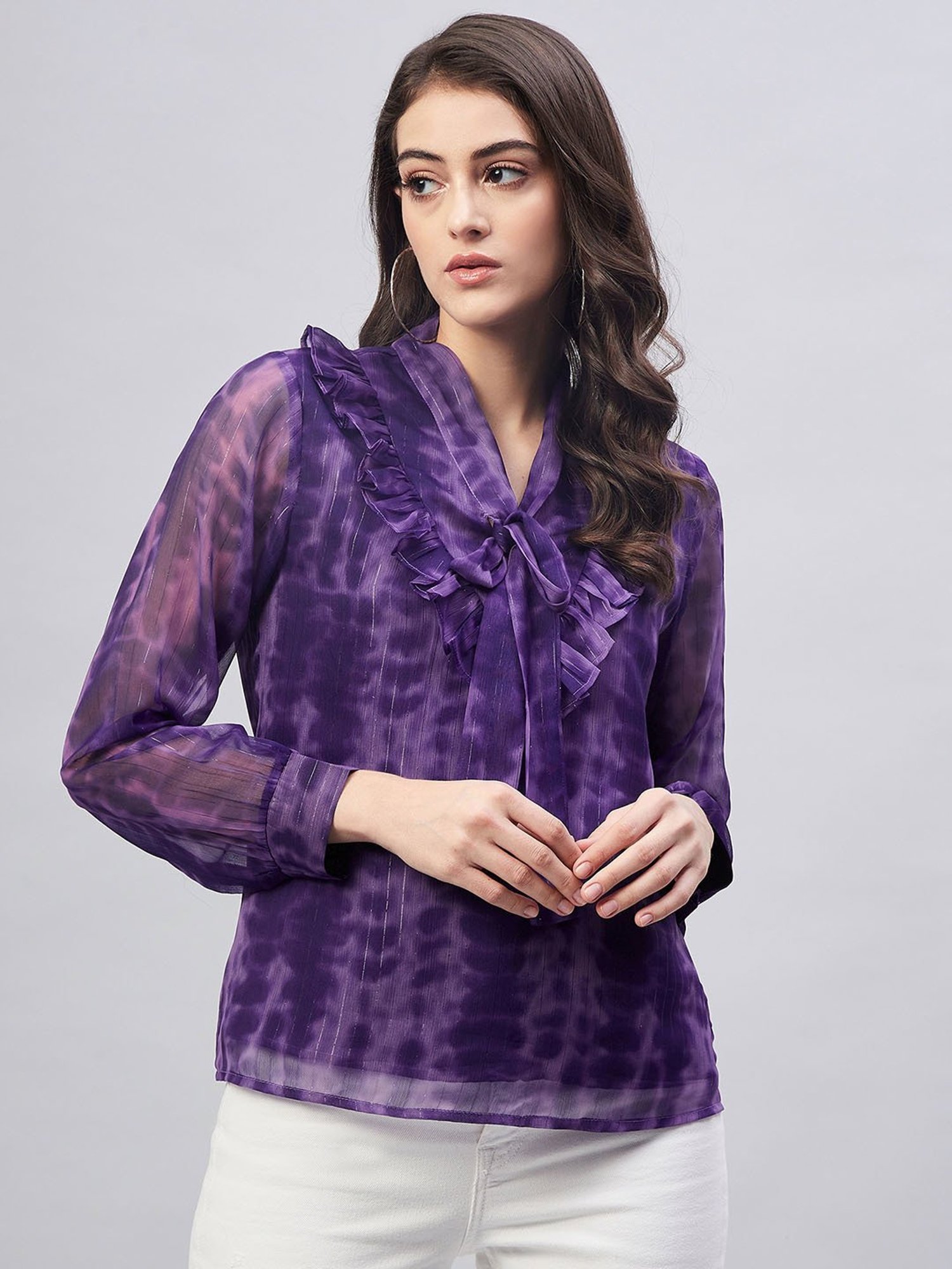 Marie Claire Purple Tie - Dye Tie-Up Neck Ruffles Top