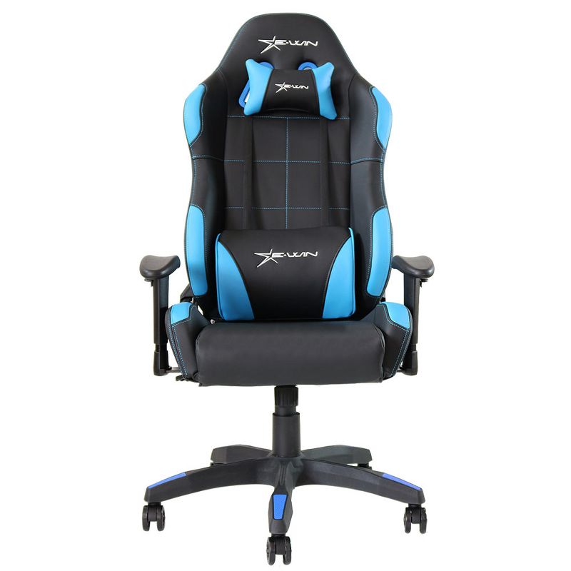 E-Win Calling Series Ergonomic Computer PC Gaming Home Office Desk PU Leather Tall Back Chair with Pillows, Black and Blue