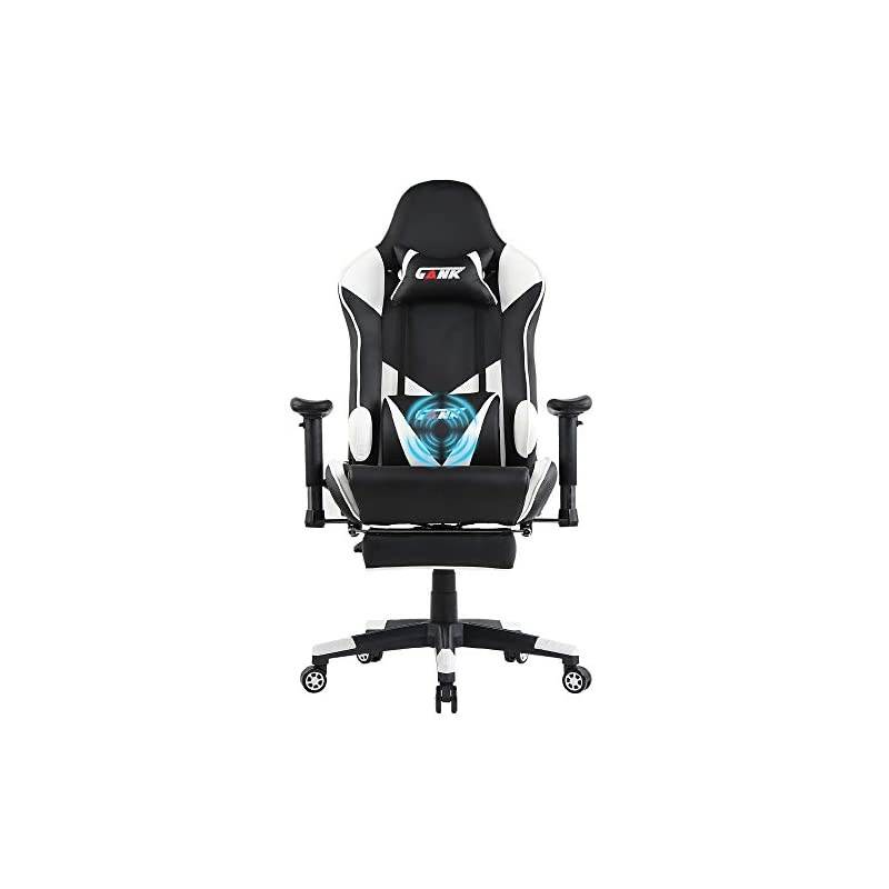 Gaming Chair Racing Chair PU Leather Ergonomic High-Back Adjustable Height Professional E-Sports Chair with Footrest and Lumbar Pillows (White)