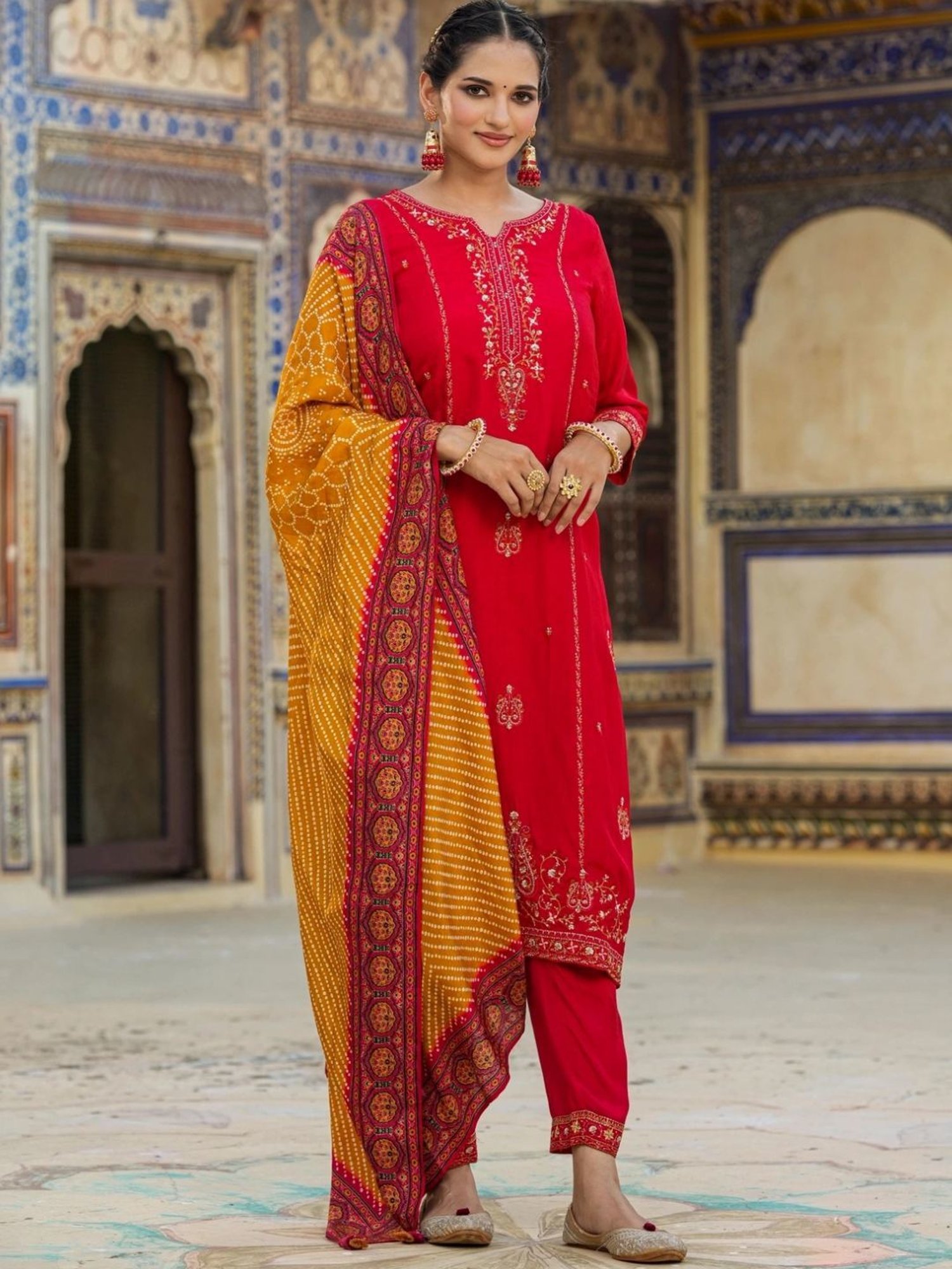 Scakhi Red Dola Silk Embroidered-Printed Suit Set Kurta With Pant And Dupatta