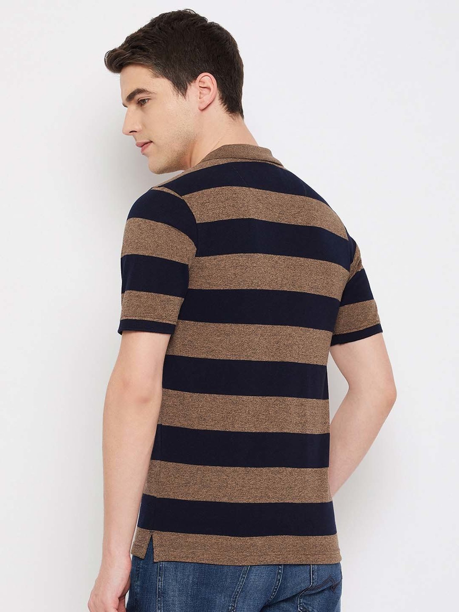 Club York Brown Regular Fit Striped Polo T-Shirt