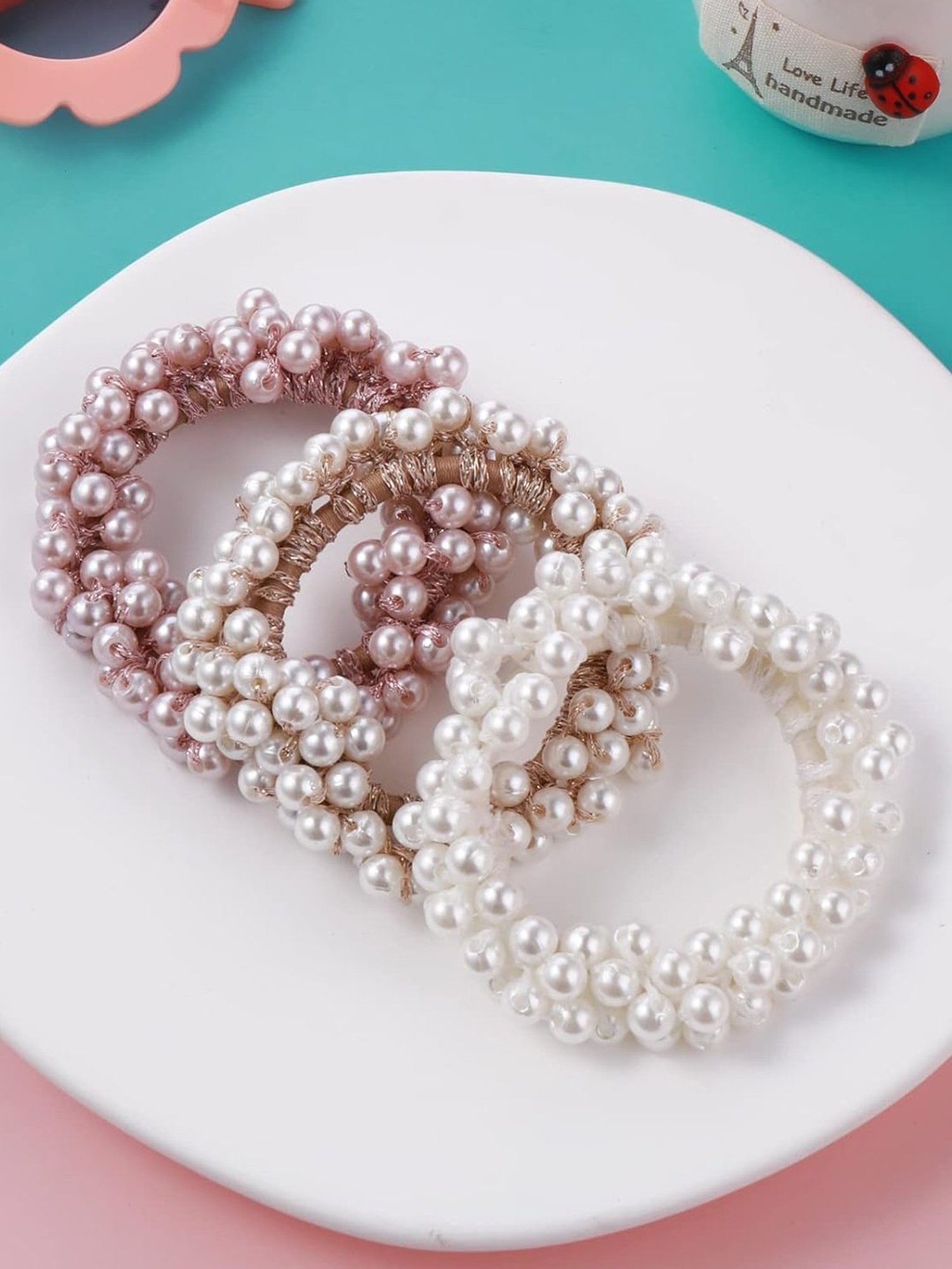 OOMPH Combo of 3 Pearls Gold Pink White Rubber Band Ponytail Holder Stylish Latest