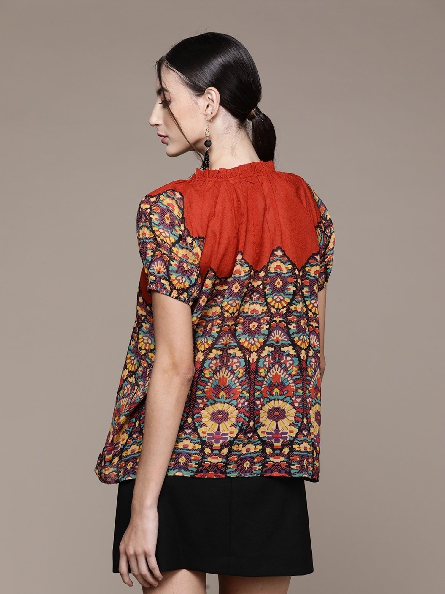 Label Ritu Kumar Rust Cotton Blend Abstract Top