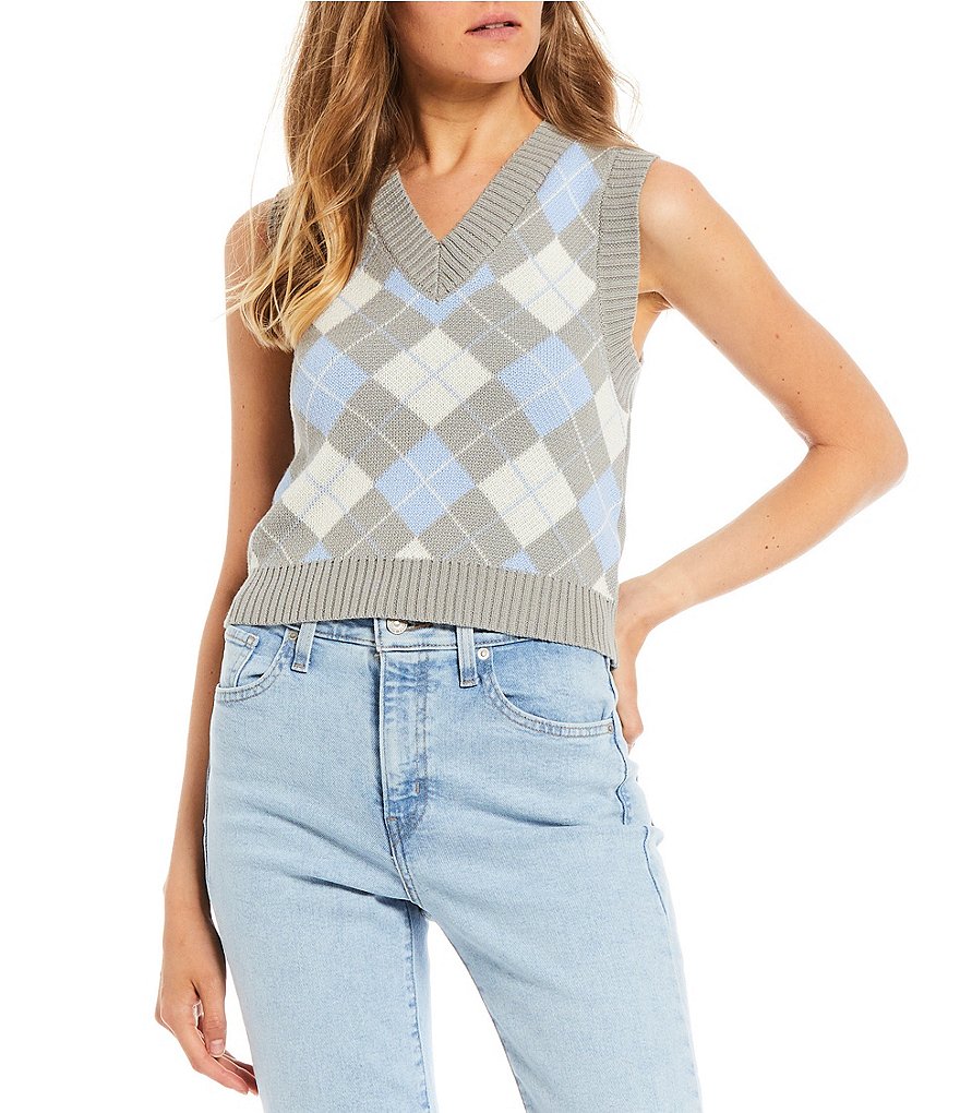 Say What Argyle Print Cropped Sweater Vest Top