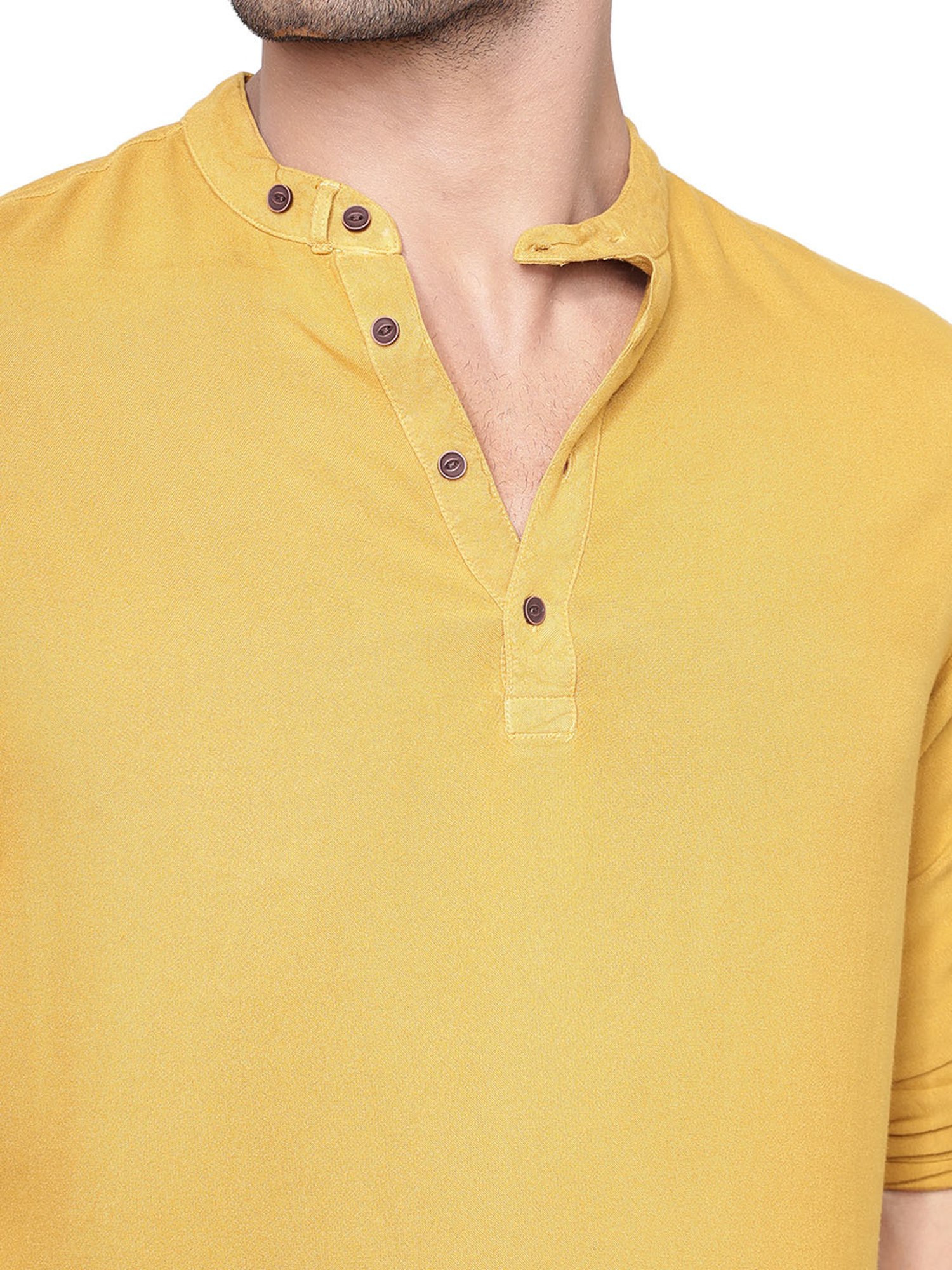Identiti Mustard Solid Slim Fit Short Kurta
