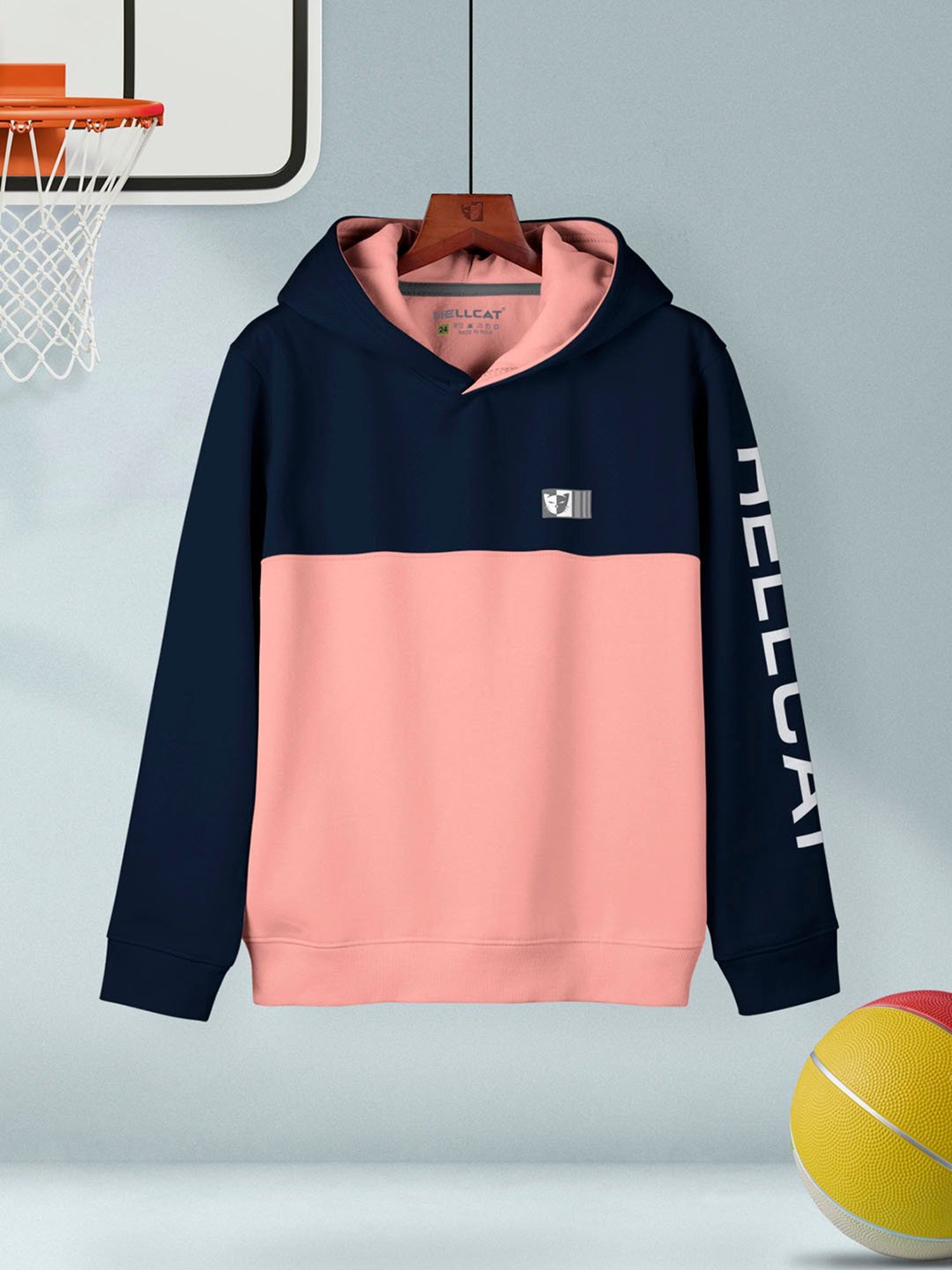 HELLCAT Kids Peach & Navy Color Block Full Sleeves Sweatshirt