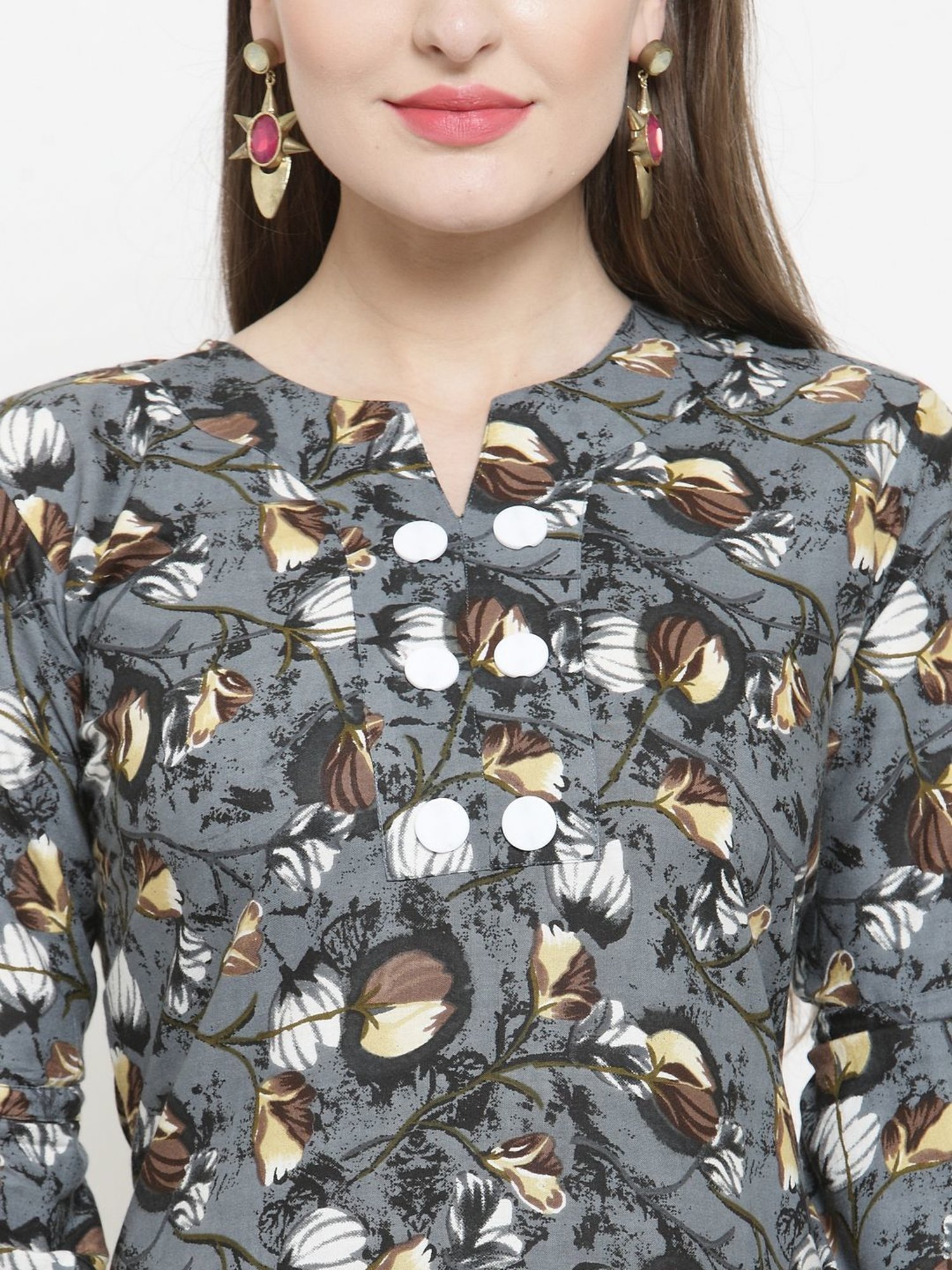 Indibelle Grey Floral Print Straight Kurta