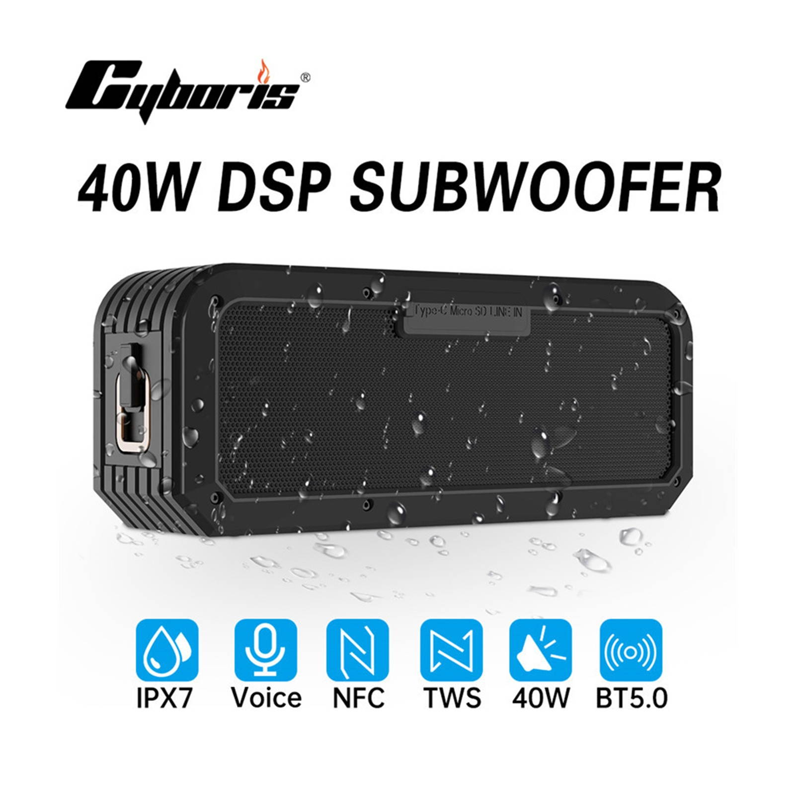 Cyboris X3S Wireless BT5.0 Speaker 40W IPX7 Waterproof TWS Speakers NFC Connection Super Bass Music Soundbox DSP TF Card Slot with Mic Dust-proof for Outdoor Sports